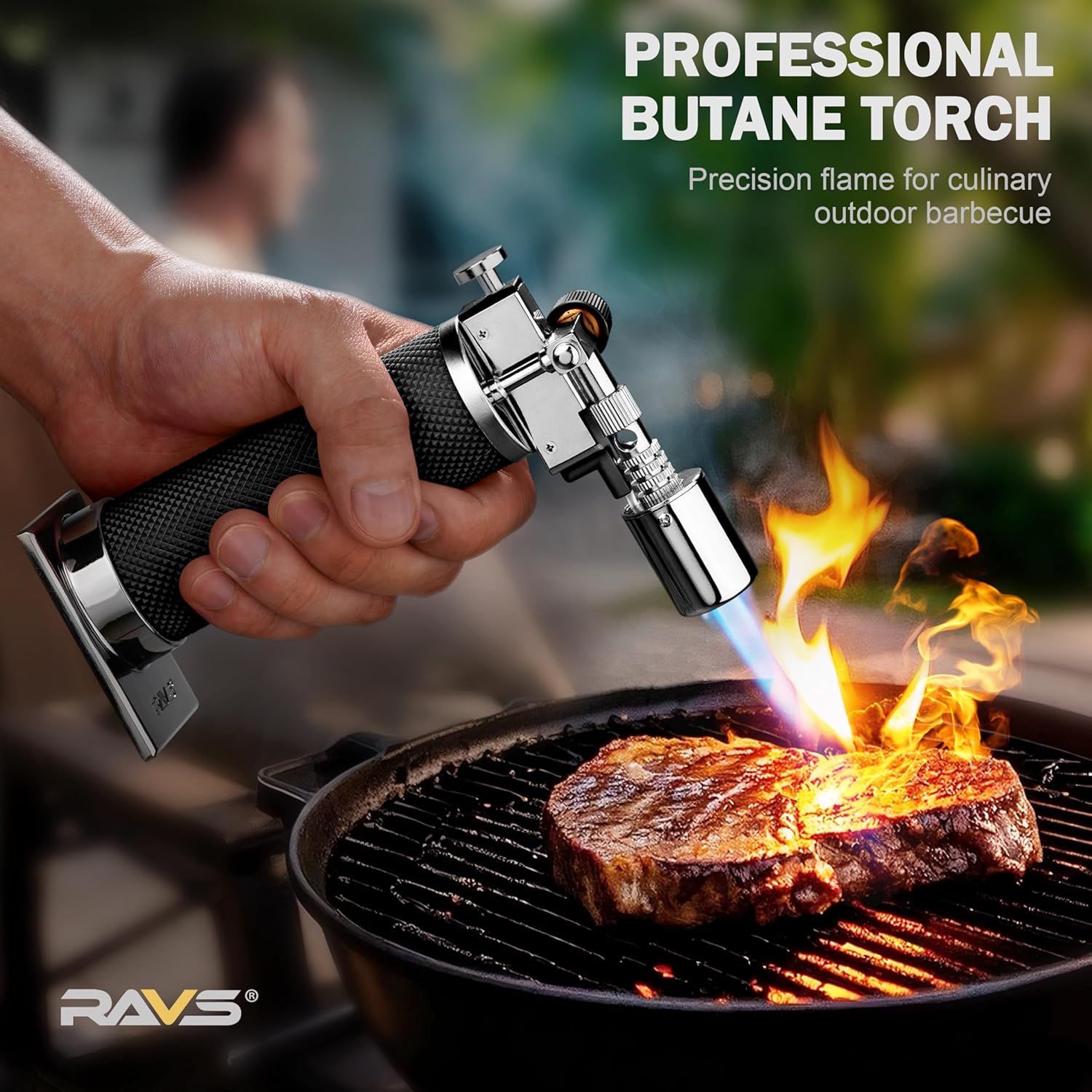 RAVS Butane Torch Lighter, Premium Metal Kitchen Torch with Adjustable Flame & Safety Buckle, Refillable Creme Brulee Torch for Baking, BBQ, DIY