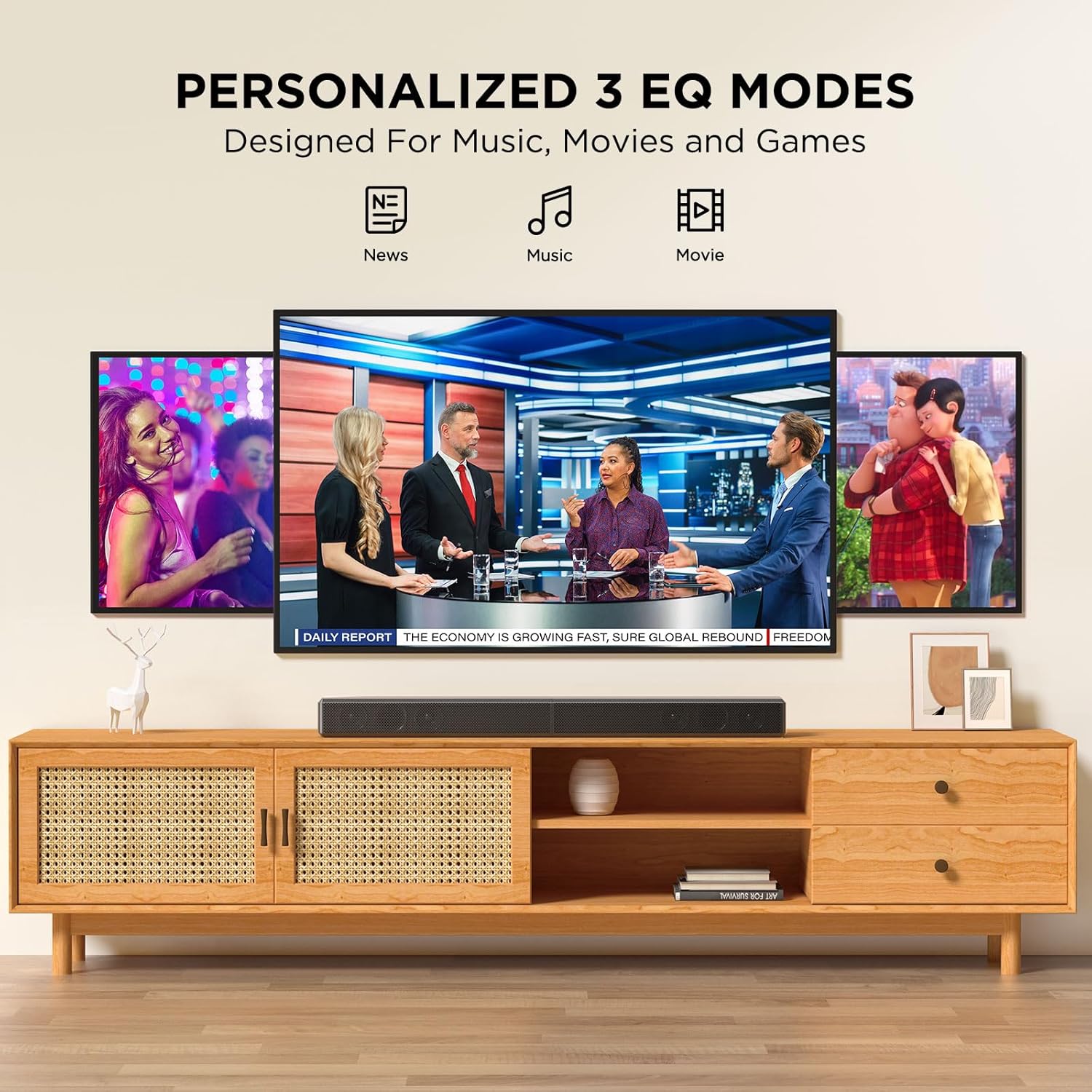 2.0 ch 100W Sound Bar for Smart TV, 2-in-1 Detachable Bluetooth 5.3 Speaker with 3 EQ Modes & Adjustable Bass - Home Theater Audio for Movies, Gaming