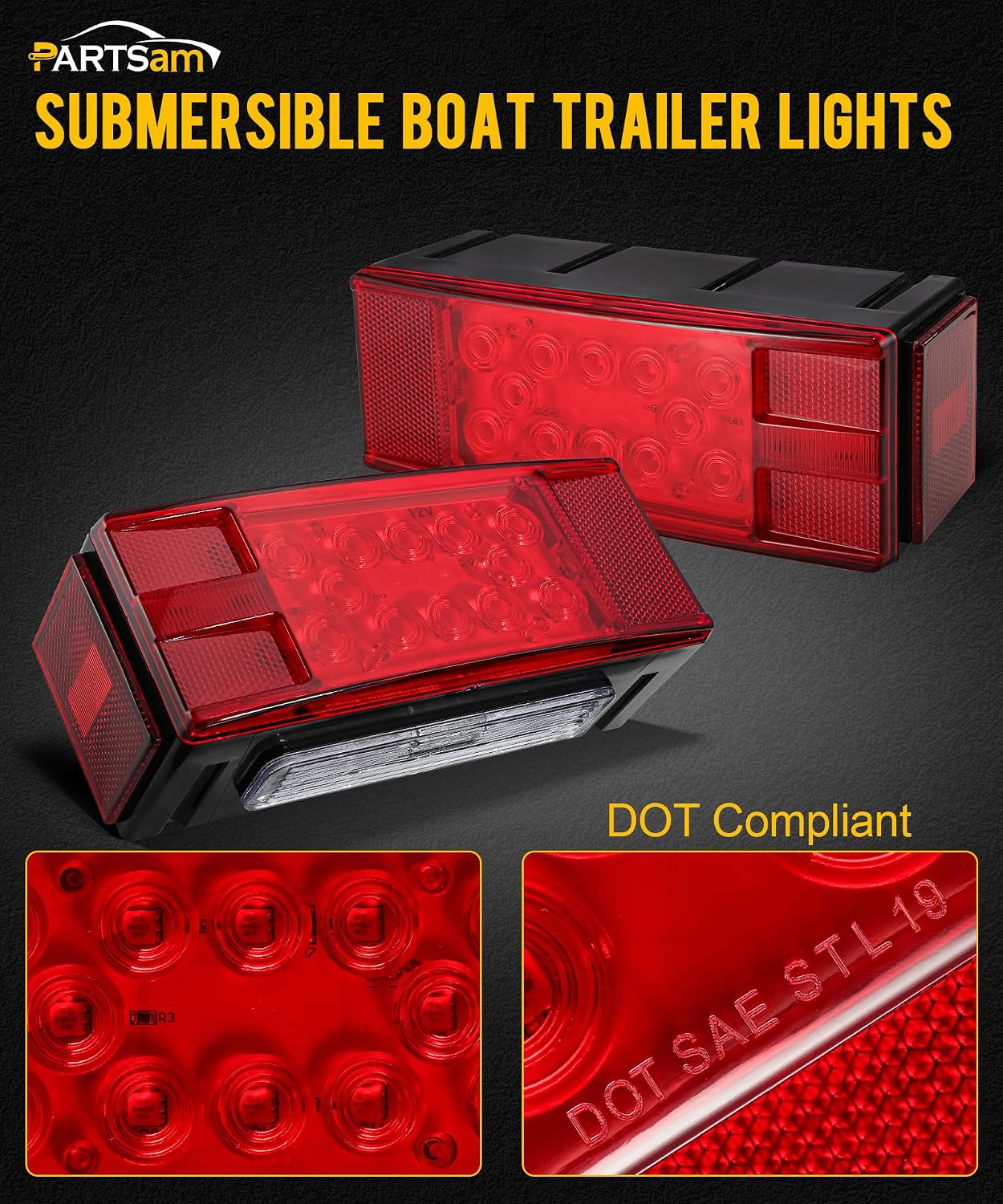 Partsam 12V LED Submersible Low Profile Rectangular Trailer Lights