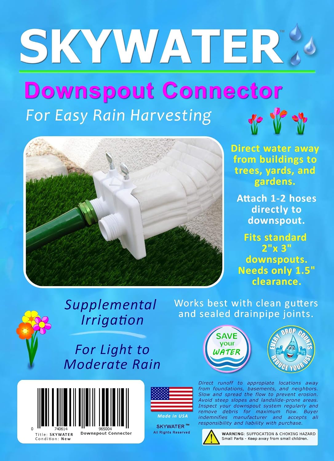 Skywater Downspout Diverter for Rain Harvesting - Attach Hoses Directly to 2x3 Downspout, Use Rainwater for Landscaping, No Rain Barrel Required