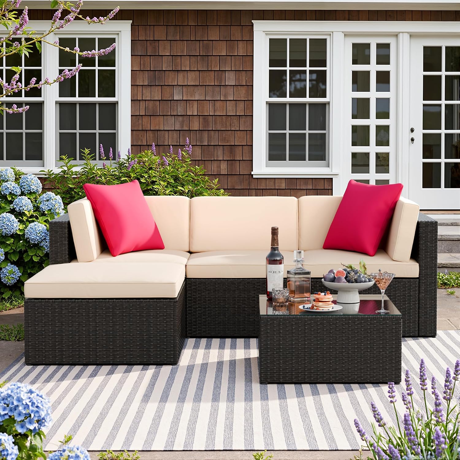 Devoko 5 Pieces Patio Furniture Sets Outdoor Sectional Patio Sofa | All Weather Manual Weaving Wicker Rattan Patio Seating Sofas with Cushion and