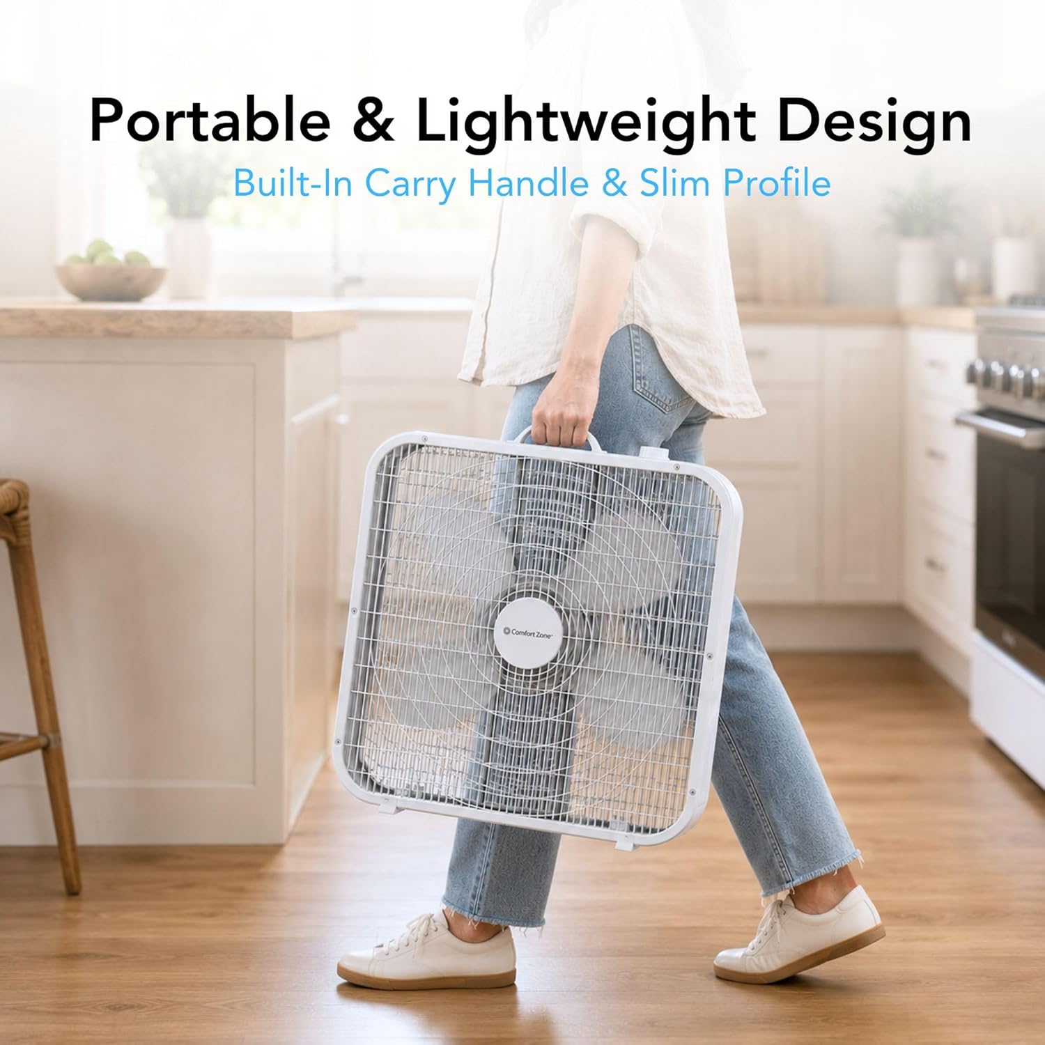Comfort Zone Box Fan with Carry Handle, 20 inch, 3 Speed Full-Force Air Circulation Window Fan, Bedroom Floor Fan with 5 Blades, White Noise Cooling Fan, White