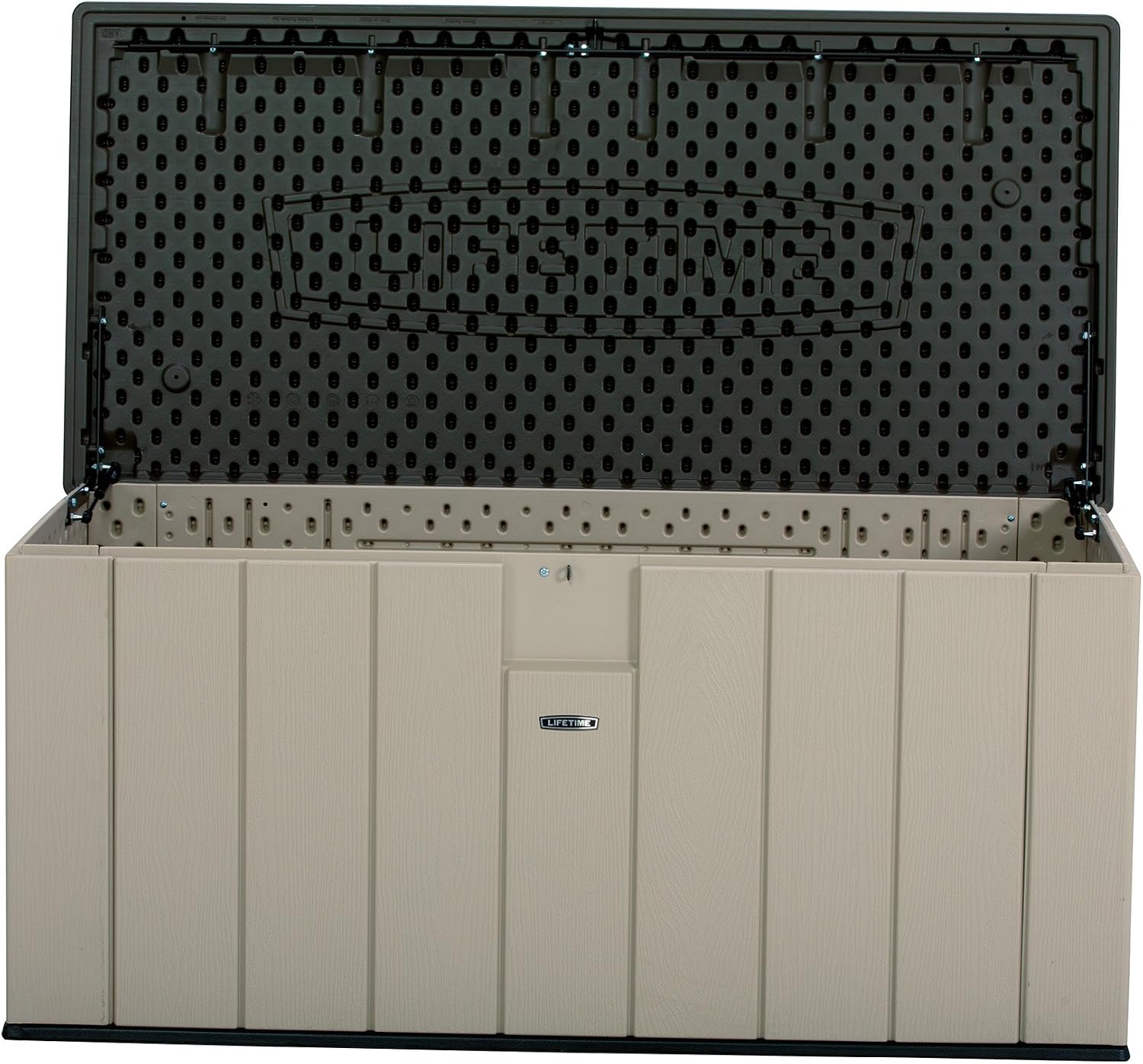 LIFETIME 60254 Heavy-Duty Outdoor Storage Deck Box, 150 Gallon, Desert Sand/Brown & Master Lock 140DLH Padlock, 1 Pack, Bronze/Silver