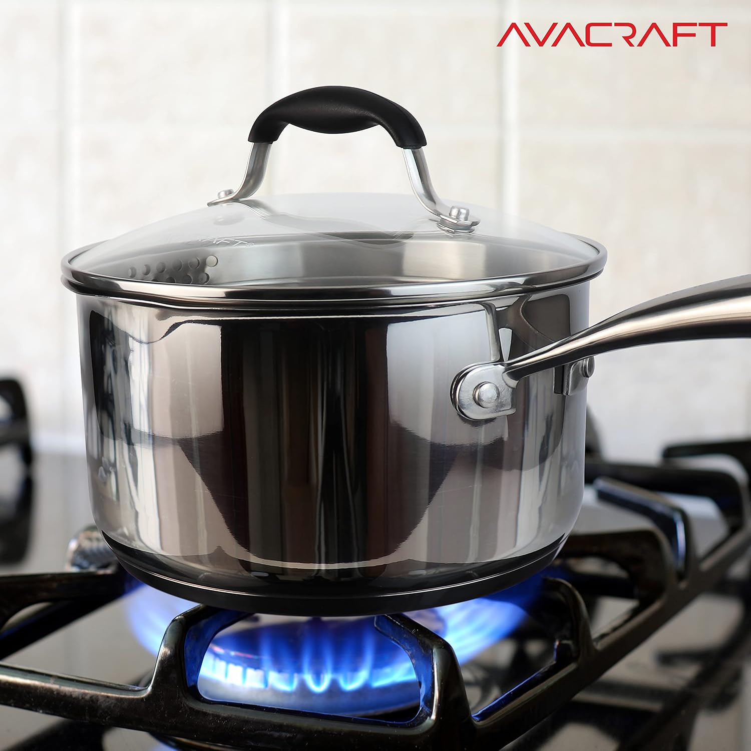 AVACRAFT 2.5 Quart Stainless Steel Saucepan with Glass Strainer Lid | 18/10 Stainless Steel, 5-Ply Capsule Base, Dual Pour Spouts, Induction Compatible, Ergonomic Handle, Dishwasher Safe