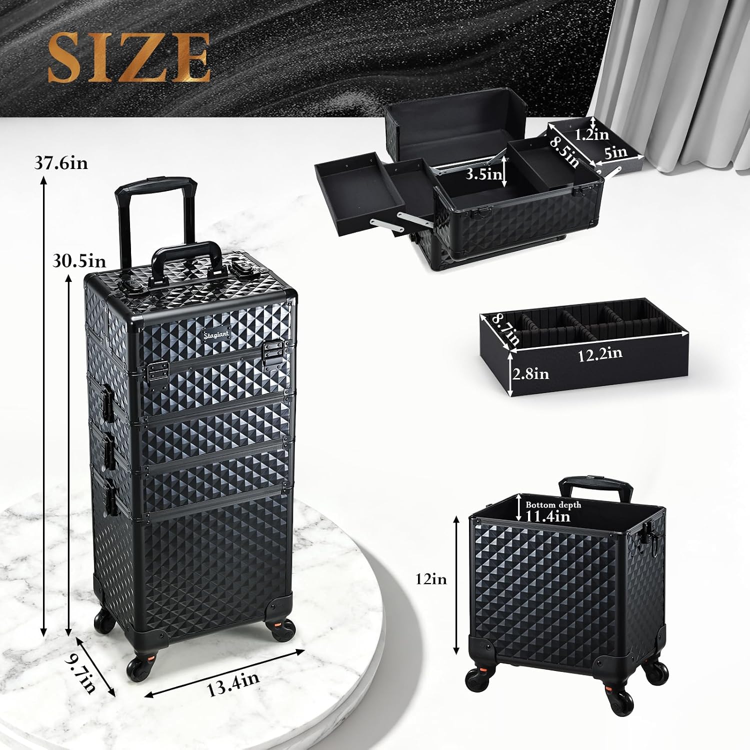 Stagiant Rolling Makeup Case Cosmetology Case on Wheels 4 in 1 Large Cosmetic Organizer Train Case Makeup Travel Case with Key Swivel Wheels Nail
