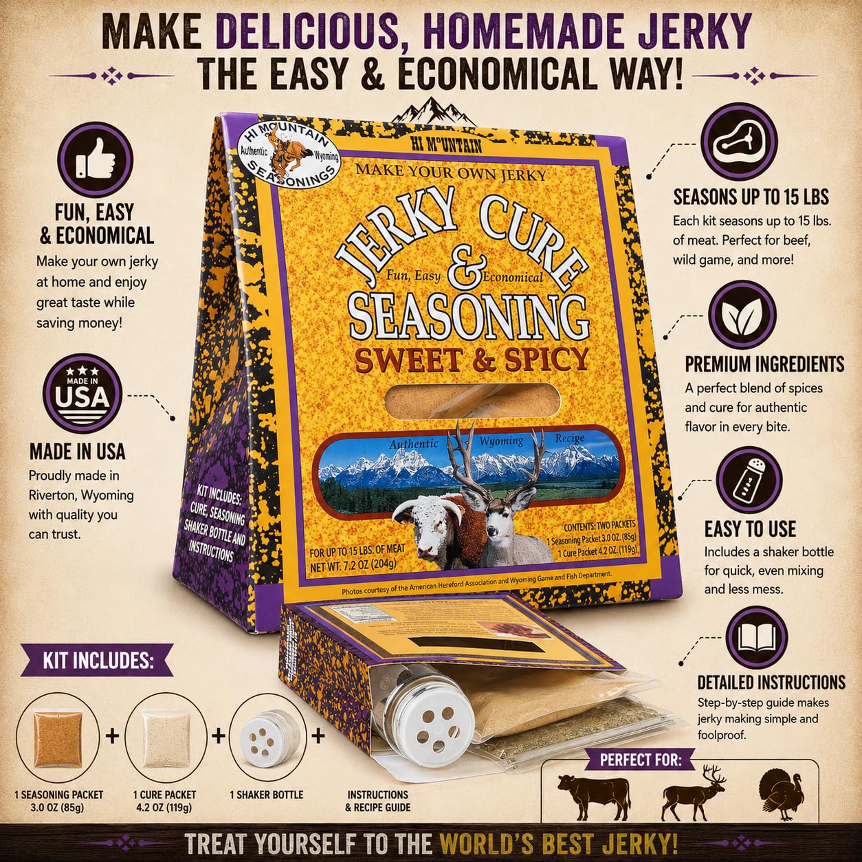 Hi Mountain SWEET & SPICY BLEND Jerky Seasoning & Cure Kit | Beef & Venison | Sweet and spicy flavor, perfect jerky seasoning for deer, elk