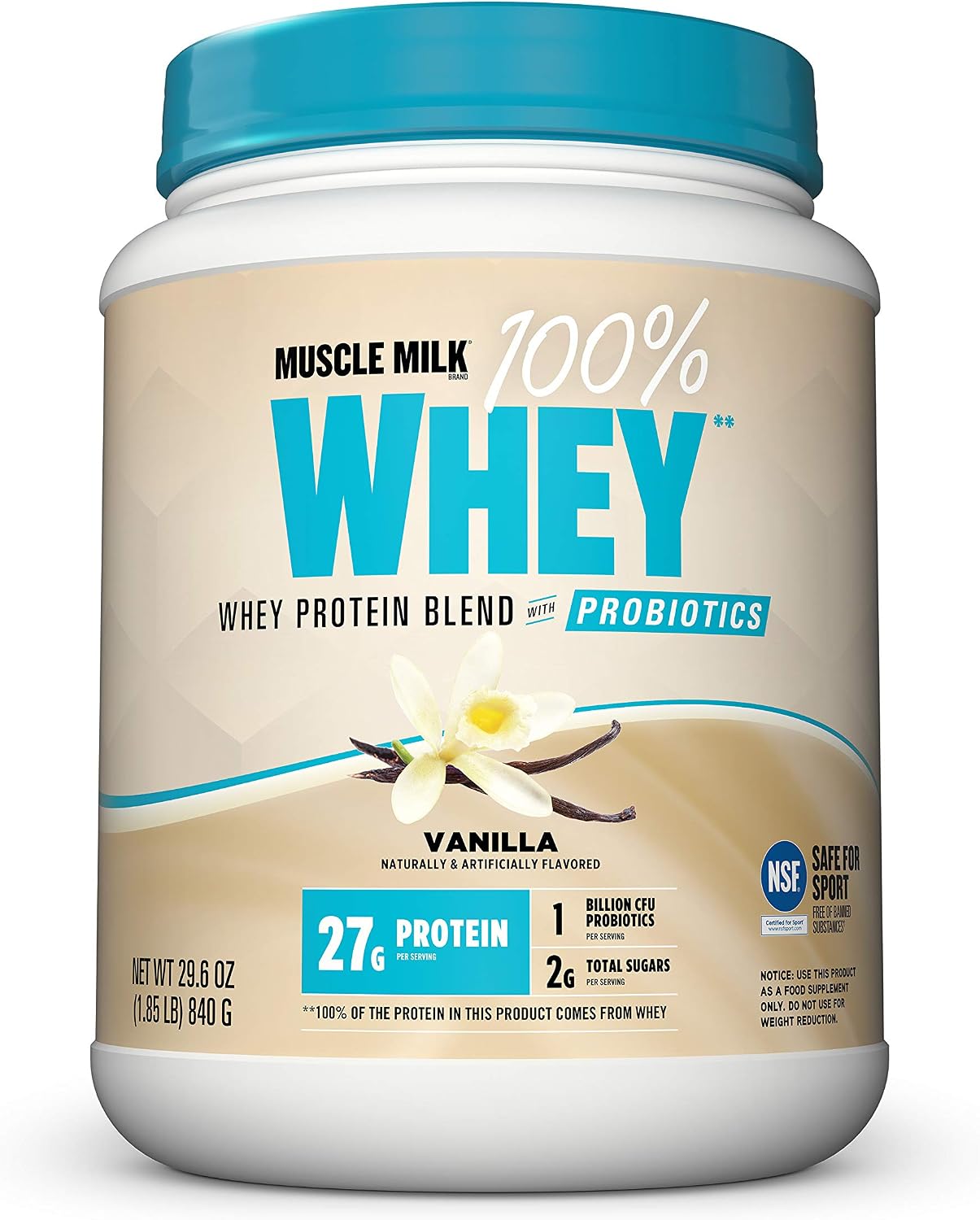Muscle Milk 100% Whey Protein Powder, Vanilla, 5 Pound, 68 Servings, 25g Protein, 2g Sugar, Low in Fat, NSF Certified for Sport, Energizing Snack, Workout Recovery, Packaging May Vary
