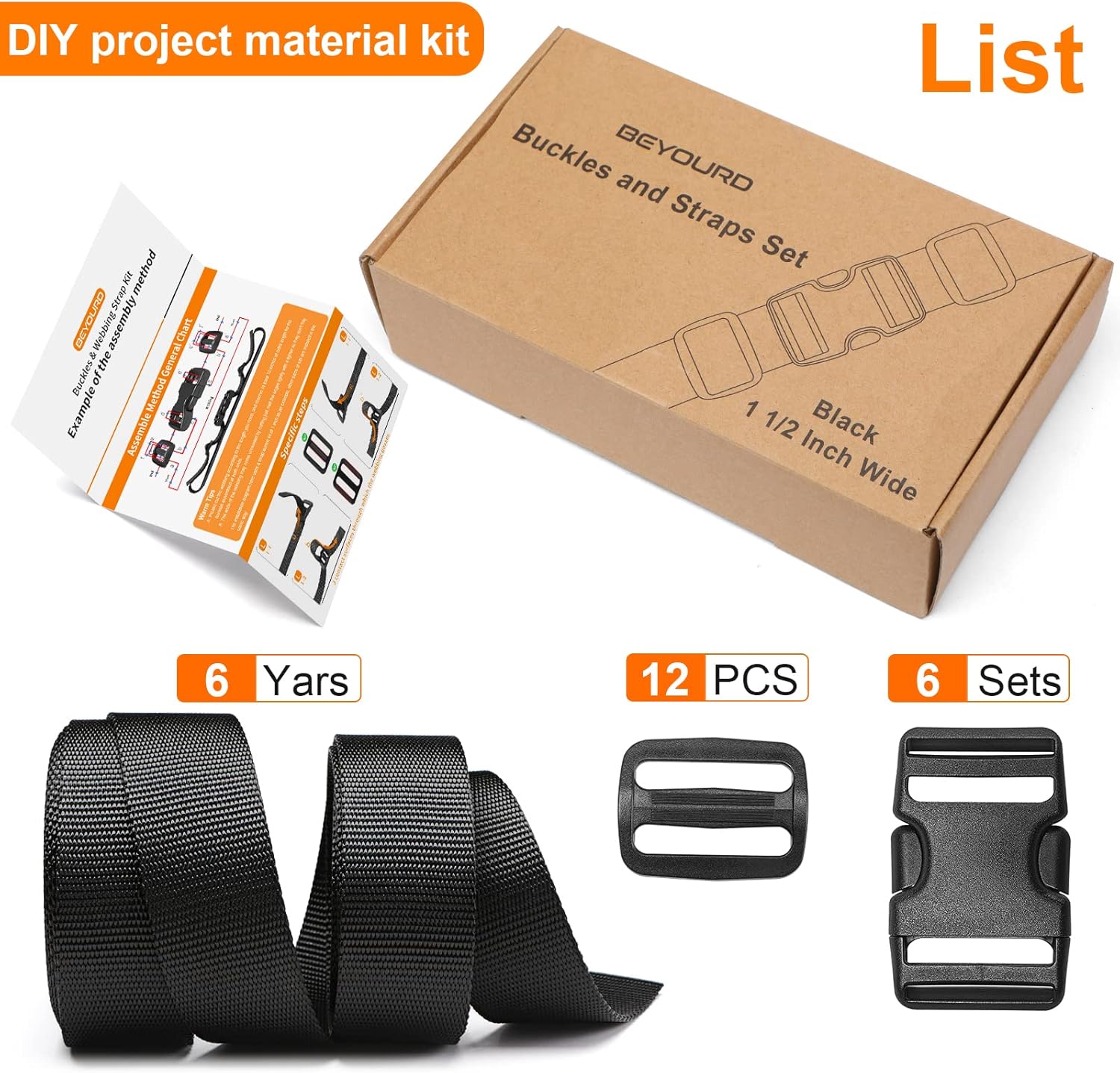 BEYOURD Buckles and Straps Set 1": 6 Yards of Thick Nylon Webbing, 6-Pack Heavy Duty Adjustable Quick Side Release Plastic Buckles