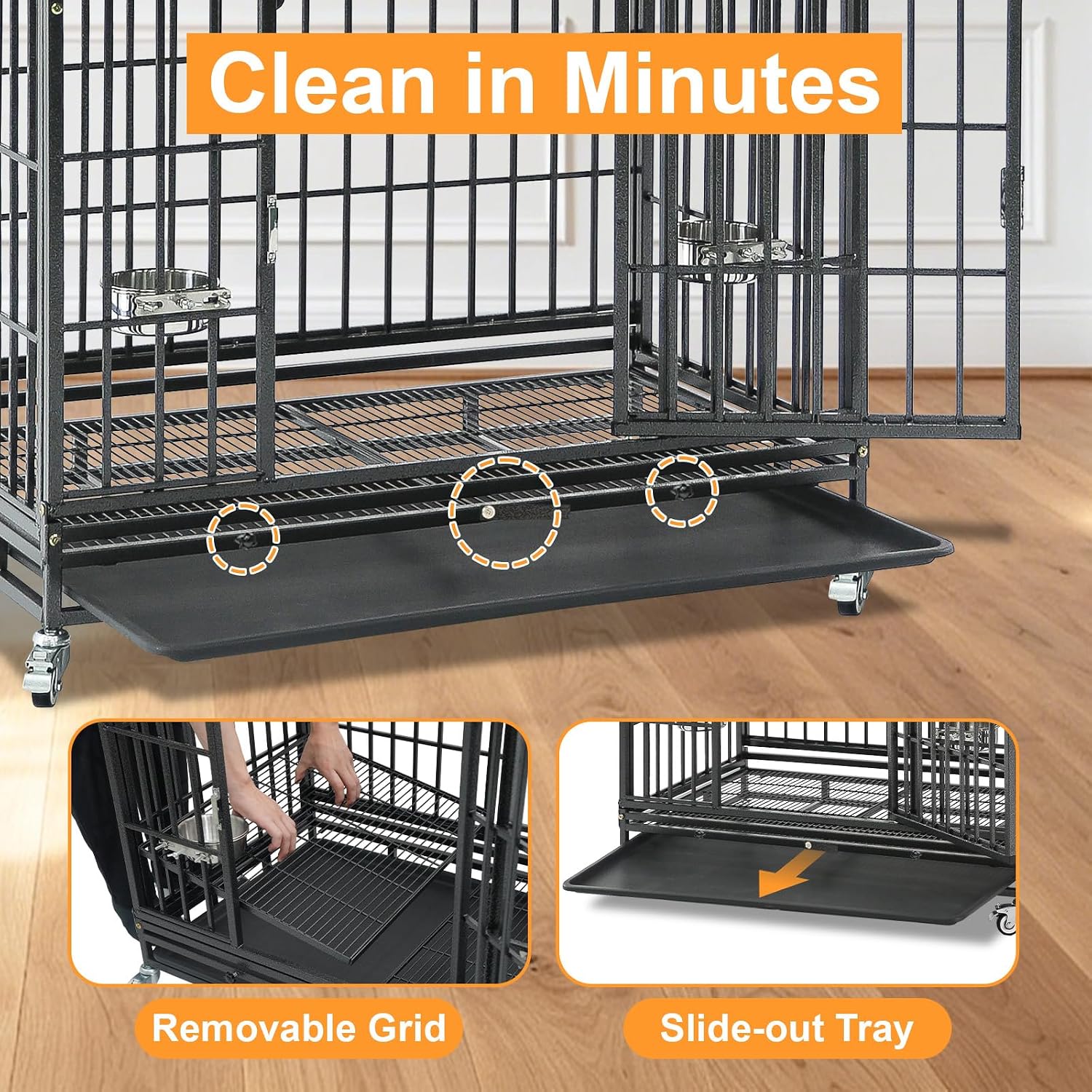 Homey Pet Three Tiers 43 inch Heavy Duty Dog Crate with Wheels, Dual Doors | Stackable Indestructible Steel Dog Cage Kennel Indoor with Divider, Trays, Bowls, Escape Proof Locks for Breeders and More