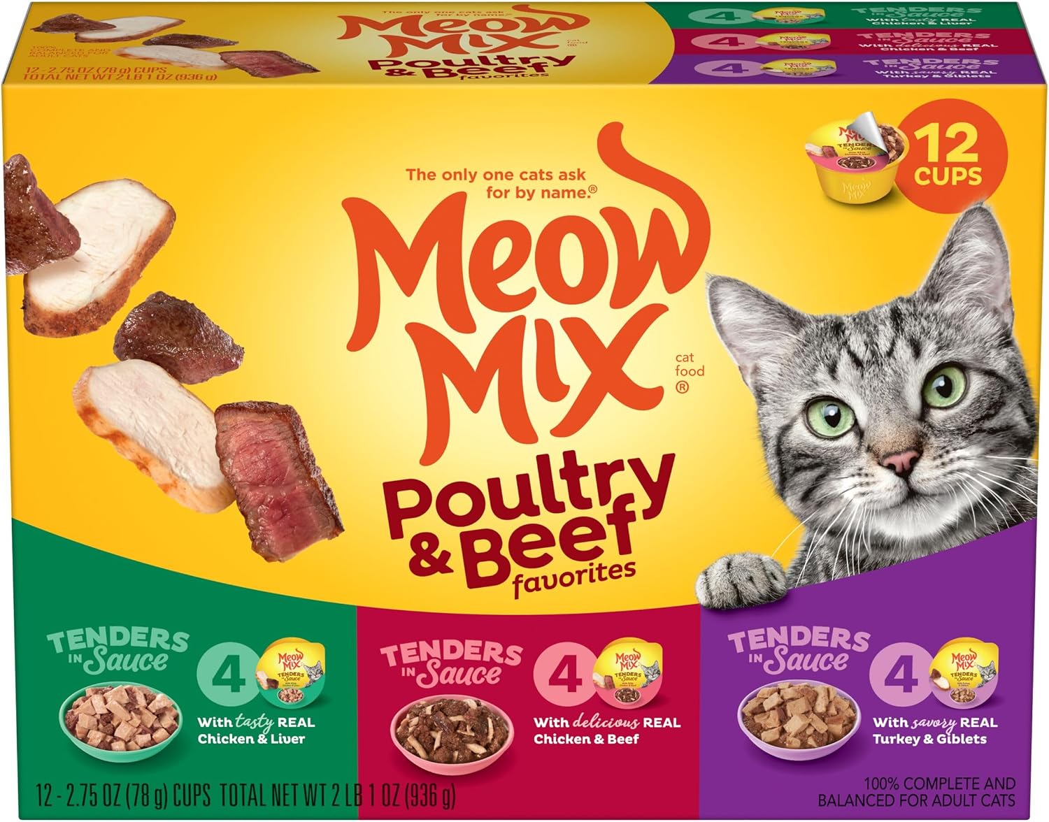 Meow Mix Tenders in Sauce, Wet Cat Food with Tuna & Whole Shrimp, 12 Cups