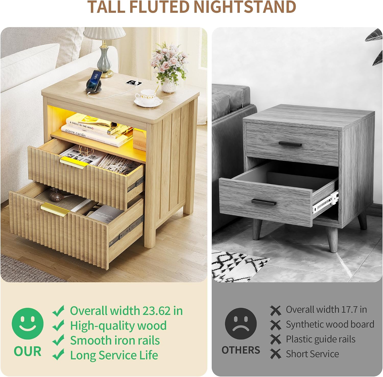 Farmhouse Nightstand with Lockable Hidden Drawer, Human Sensor LED Bedside Table with LED Lights & Charging Station, Rustic Wood Sofa Side End Table with 3 Drawers for Bedroom (Black)