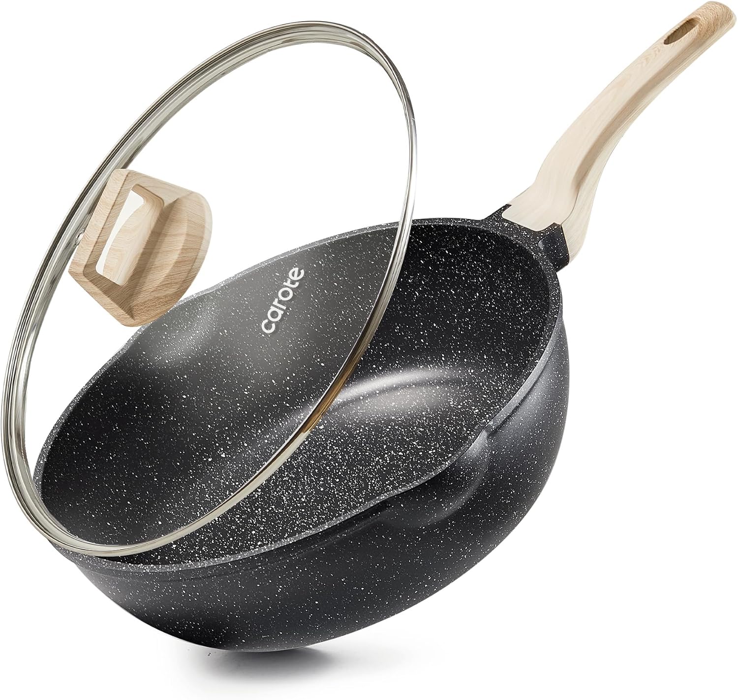 CAROTE 12 Inch Nonstick Deep Frying Pan with Lid, 5.5 Qt Black Granite | Kitchen Non-Toxic PFOA Free Cookware, Covered Sauté Pans All Stovetops Compatible, Easy to Clean