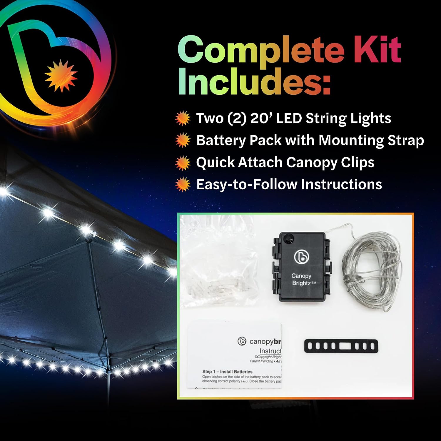 Brightz LED Canopy Lights, White 40ft String Light for 10x10 Tents | Outdoor canopy tent lights, football tailgate essentials & accessories