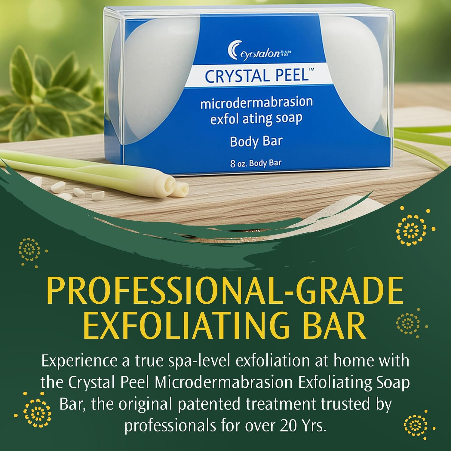 Exfoliating Bar Soap for Men & Women, Crystal Peel Luxury Microdermabrasion Hydrating & Exfoliating Body Soap Bar Solid Magnesium Mineral Scrub for Buffing Away Dirt & Oil Smooths Skin, Lemongrass 8oz