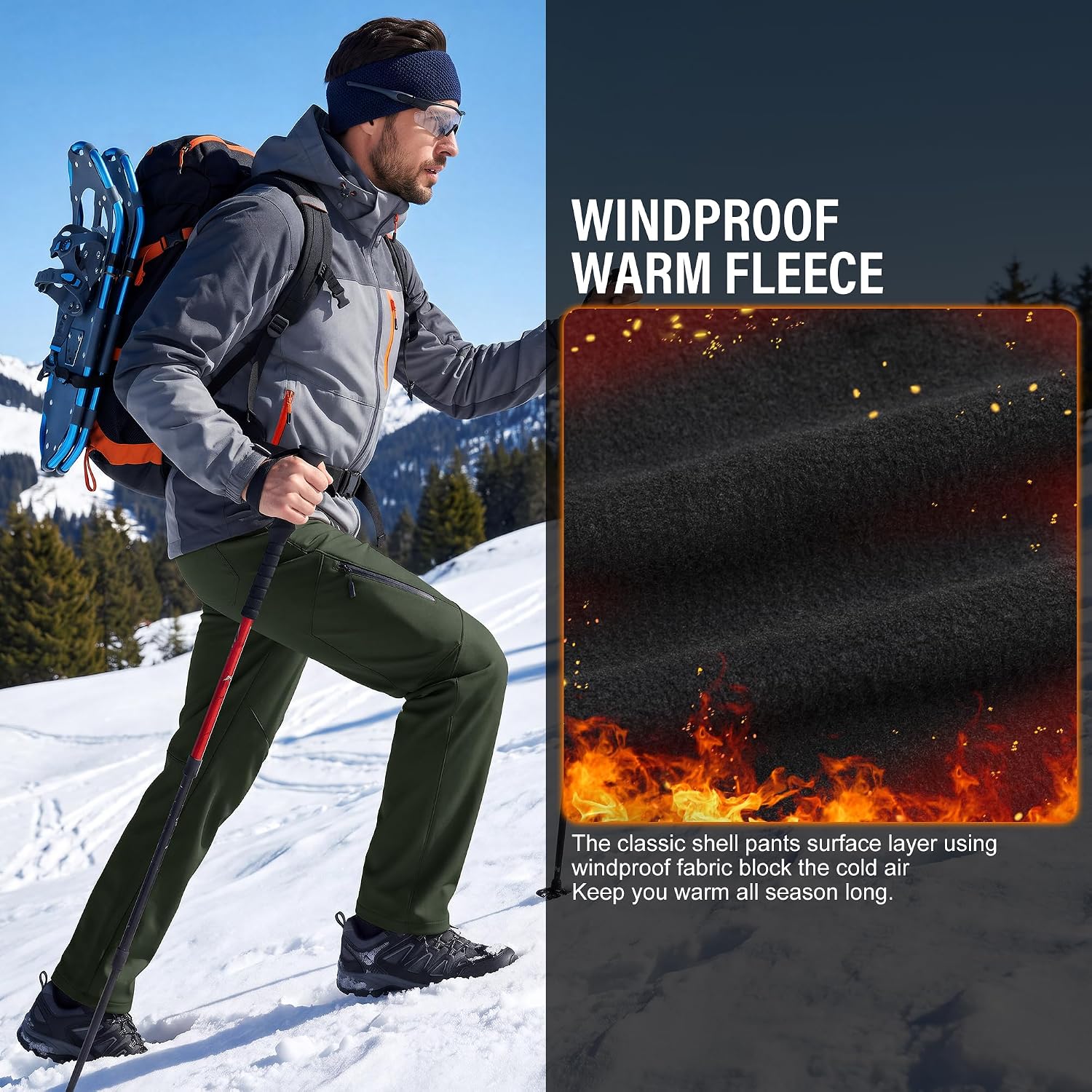 Men's Waterproof Pants Fleece Lined Insulated Winter Hiking Ski Snow Pants
