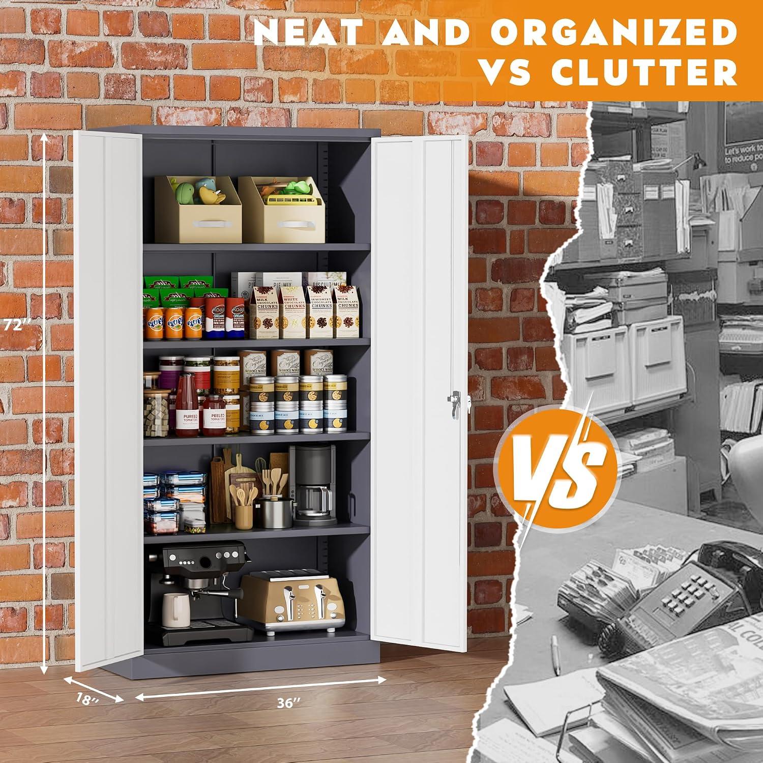 Greenvelly Steel SnapIt Storage Cabinet, 72" Locking Metal Garage Storage Cabinet with 4 Adjustable Shelves, 2 Doors and Lock for File, Office, Garage