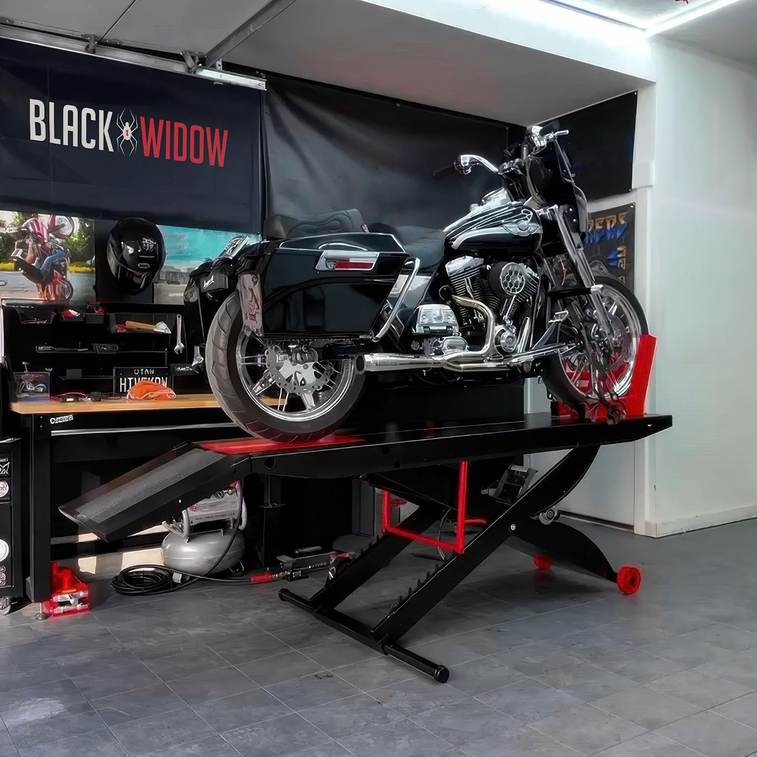 Motorcycle Lift Table, Pneumatic, 1,500 lb, ProLift, 31.25" H, Black Widow | Jack included, raise bike for service, maintenance, repair, handy, compressed air (compressor not included), push mower