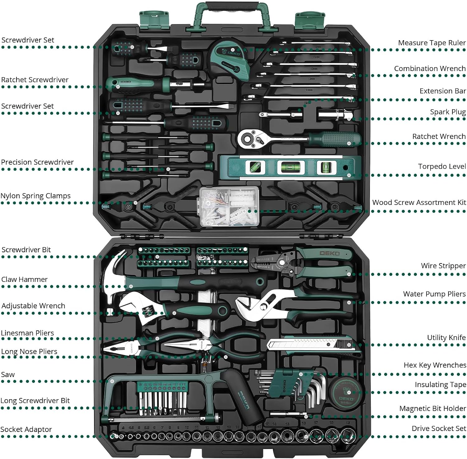 DEKOPRO 228 Piece Socket Wrench Auto Repair Tool Combination Package Mixed Tool Set Hand Tool Kit with Plastic Toolbox Storage Case
