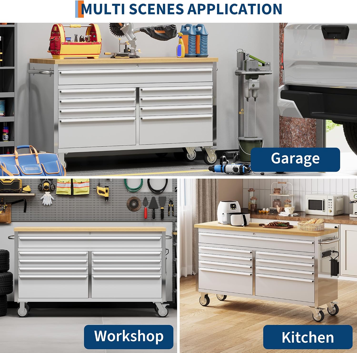 61 Inch Rolling Tool Chest, Garage Workbench with 9 Drawers, Solid Rubber Wood Top, Wheels Lock Key Locking System, Mobile Tool Cabinet Garage