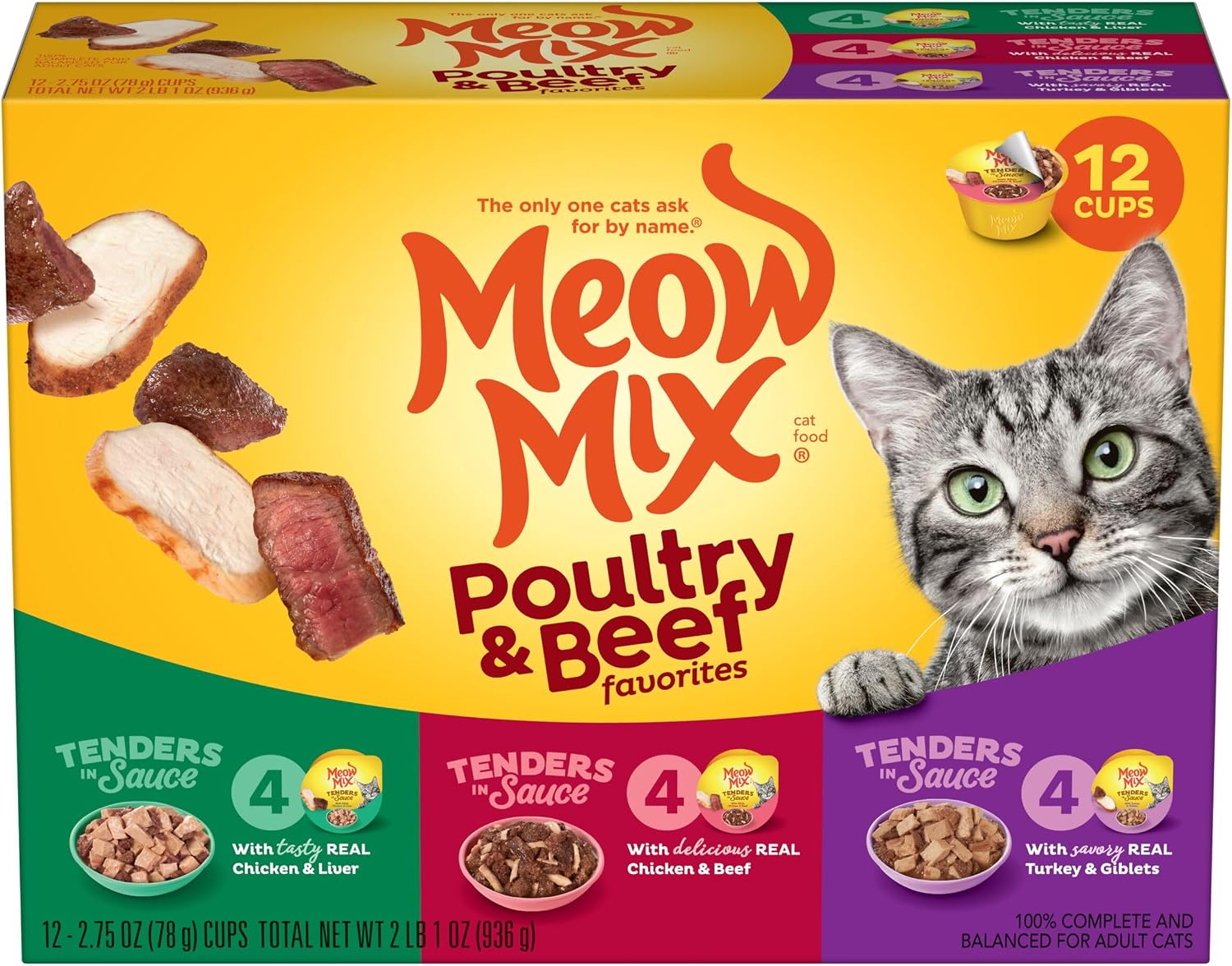 Meow Mix Tenders in Sauce, Wet Cat Food with Tuna & Whole Shrimp, 12 Cups