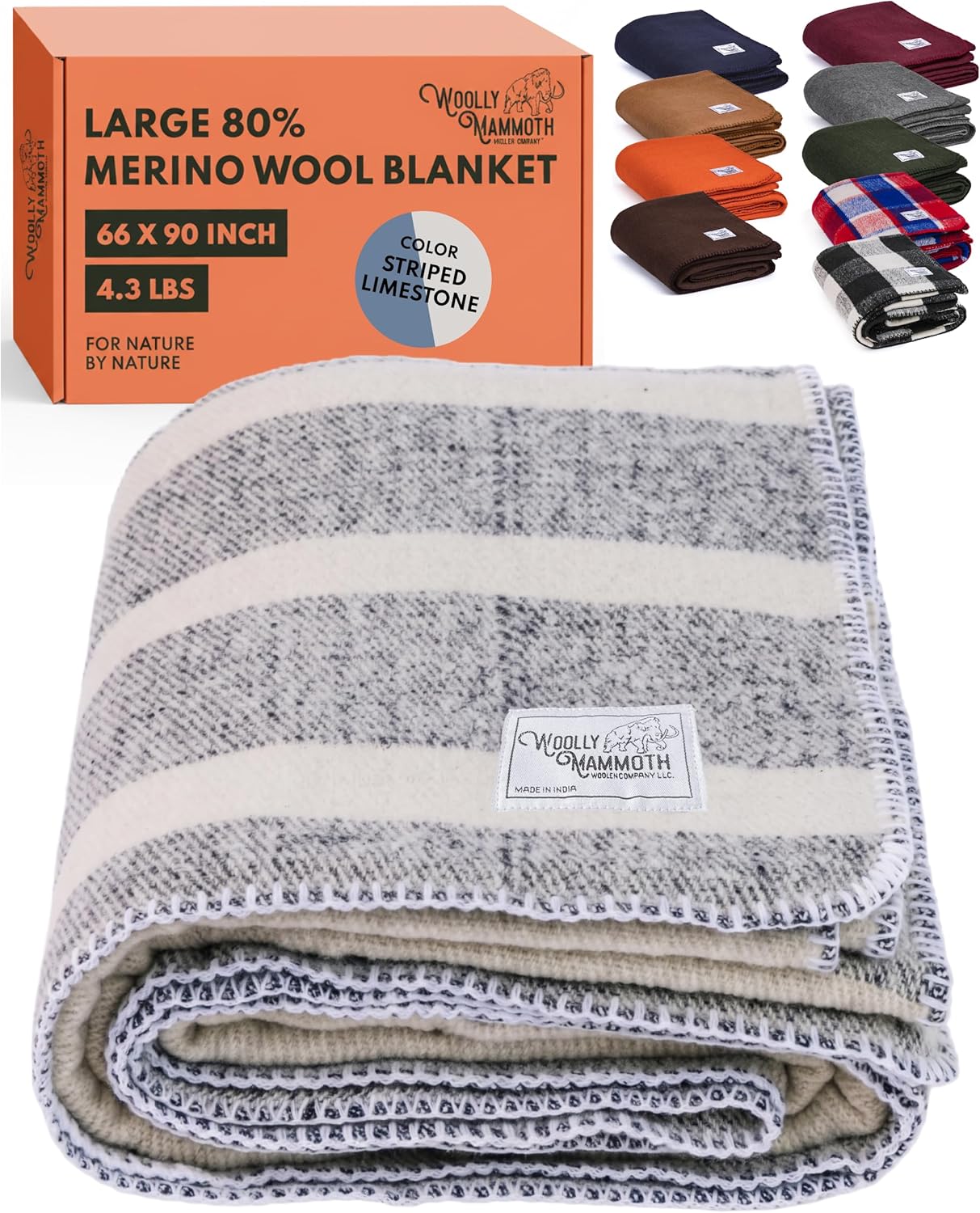 Woolly Mammoth Woolen Company Merino Wool Blanket, 66" x 90" Moss | Temperature Regulating - Fire-Resistant - Warm Camping Blanket for Car Emergency Kits, Picnics, Summer Festivals and Stadiums