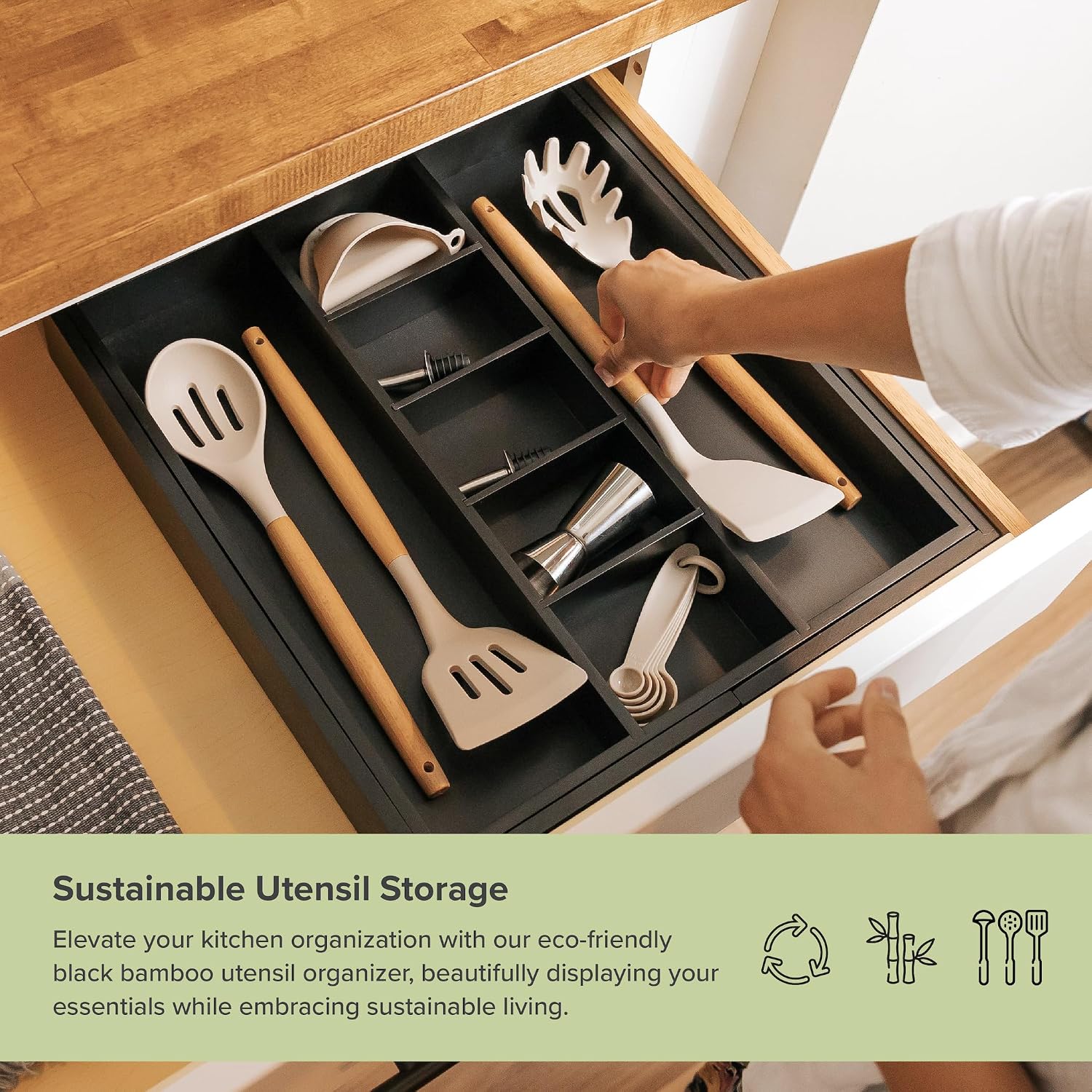 Utensil & Junk Drawer Organizer, 16-28 in, Bamboo | Food-safe contract grade, 100% sustainable wood, non-slip, adjustable