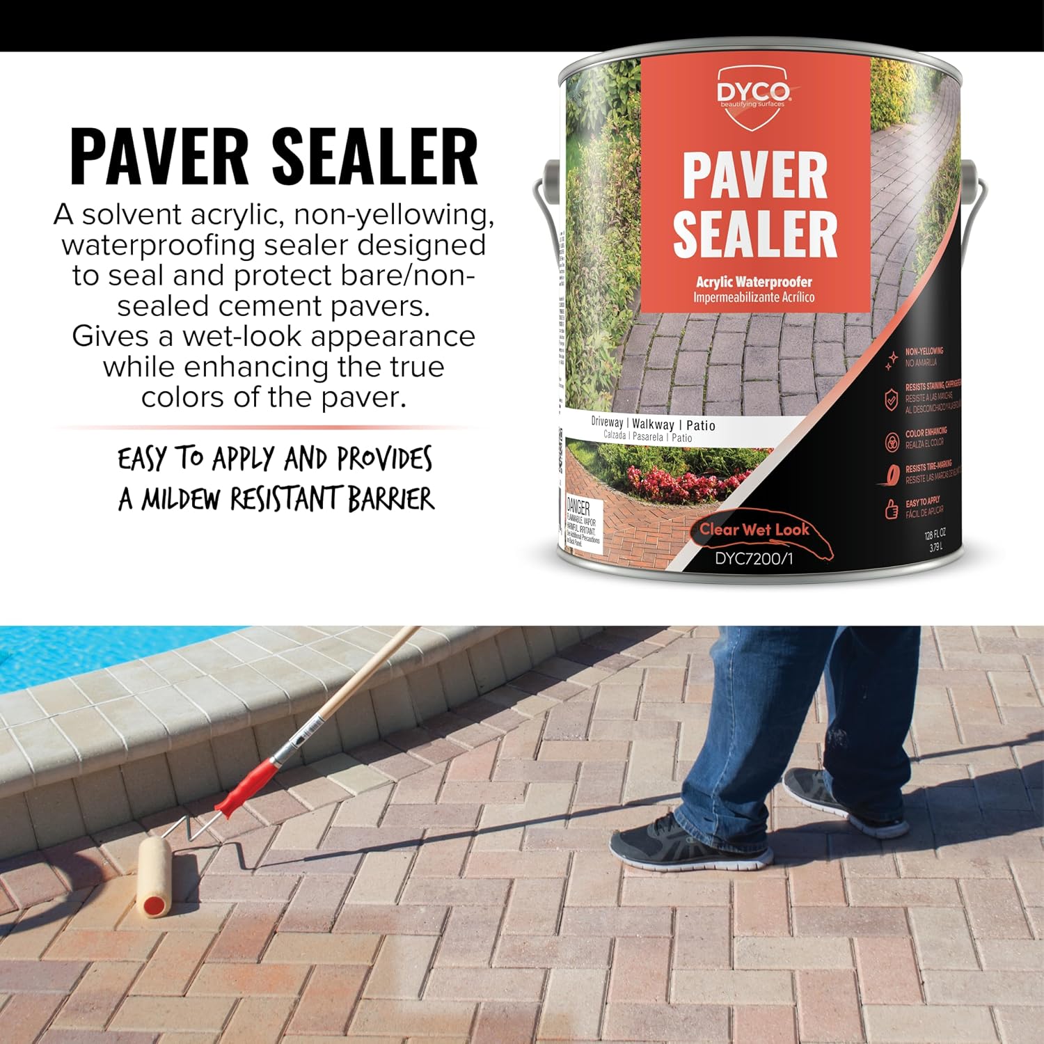 Dyco Paver Sealer Acrylic Waterproofing Sealer - Clear, 1 Gallon, Paver Sealer Wet Look, Concrete Patio Sealer, Concrete Sealer Driveway
