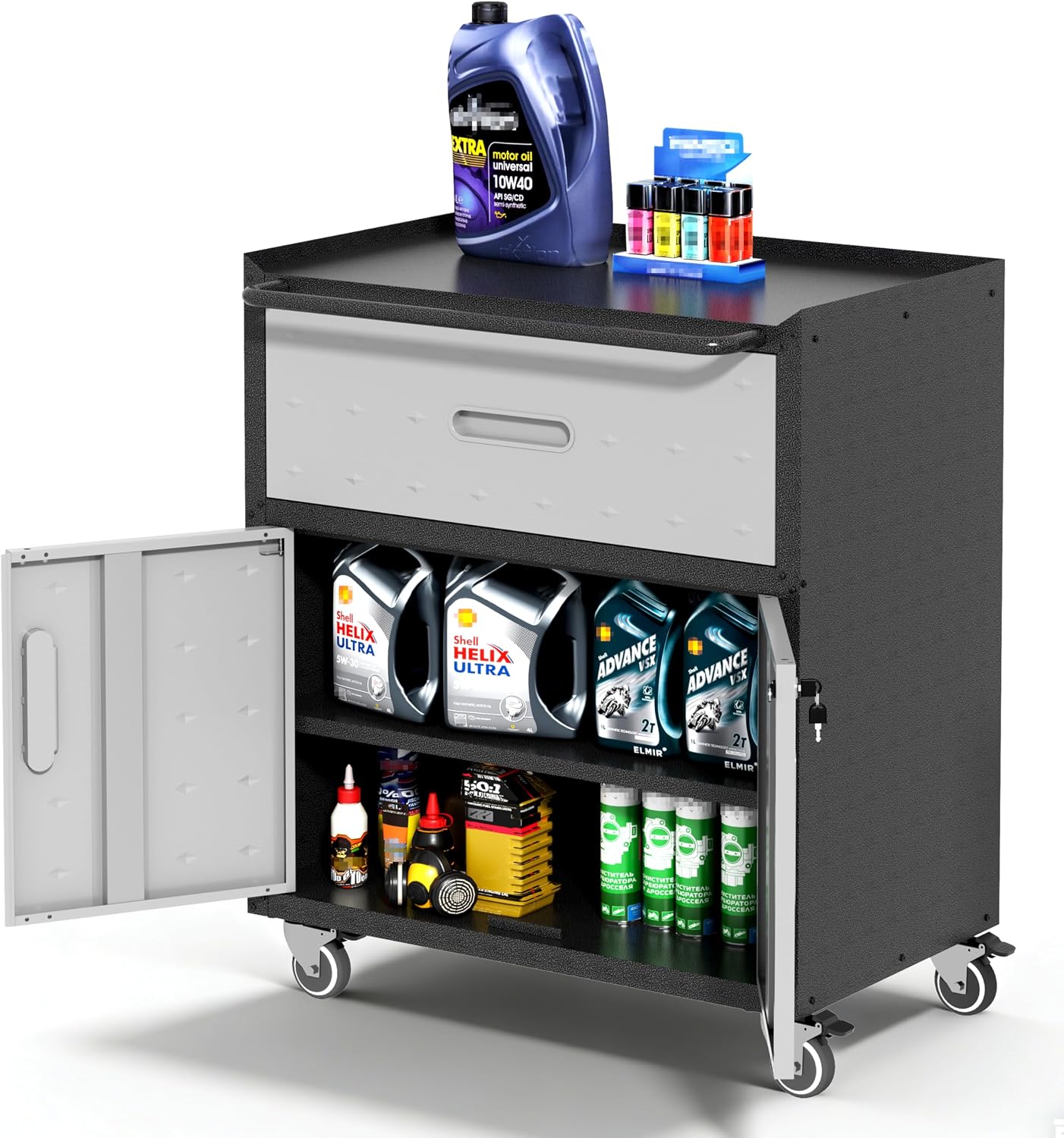 Garage Cabinets,Metal Garage Storage Cabinet with Wheels,Black Lockable Rolling Tool Cabinet with Drawer and Adjustable Shelves,Heavy Duty Tool Chest for Home Office Utility Room
