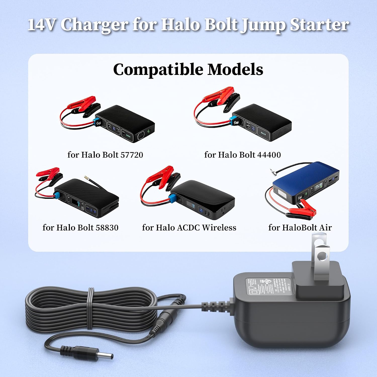 14V Charger for Halo Bolt Jump Starter Air+ 58830 57720 Compact Car Battery | Compatible with Halo Bolt 57720 58830 1201 44400 Replacement charging