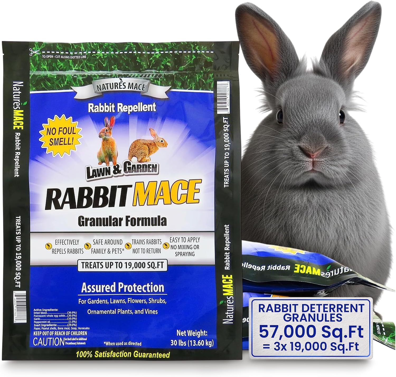 Nature's MACE Rabbit Mace Rabbit Repellent 3 lb Granules | Gardens, Lawns, Farms & Landscapes, Treats 1,350 sq ft, Granular Deterrent, All-Season Use, Safe for Pets, Children, Plants.
