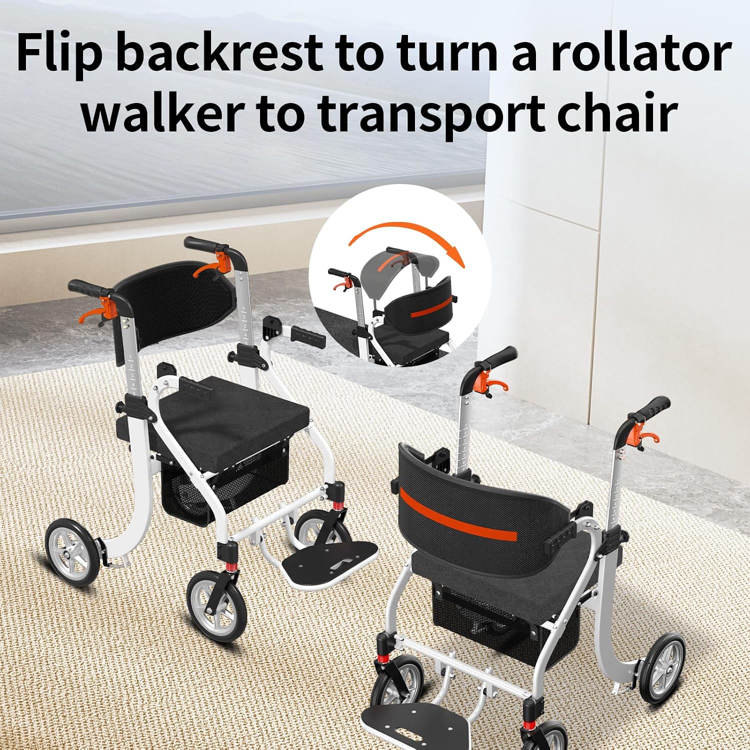 Nihhcune 4 in 1 Rollator Walker Transport Wheelchair Combo - No Assembly | 20lb Lightweight Mobility Rolling Walker with Seat for Seniors, Foldable Travel Chair, 8" All-Terrain Wheels, Supports 300lbs