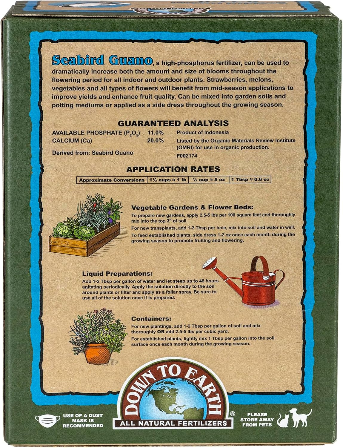 Down To Earth All Natural Fertilizers Organic Seabird Guano - 0-11-0, 5 lb | High Phosphorus Plant Food for Buds, Blooms, Flowers, Vegetable Gardens