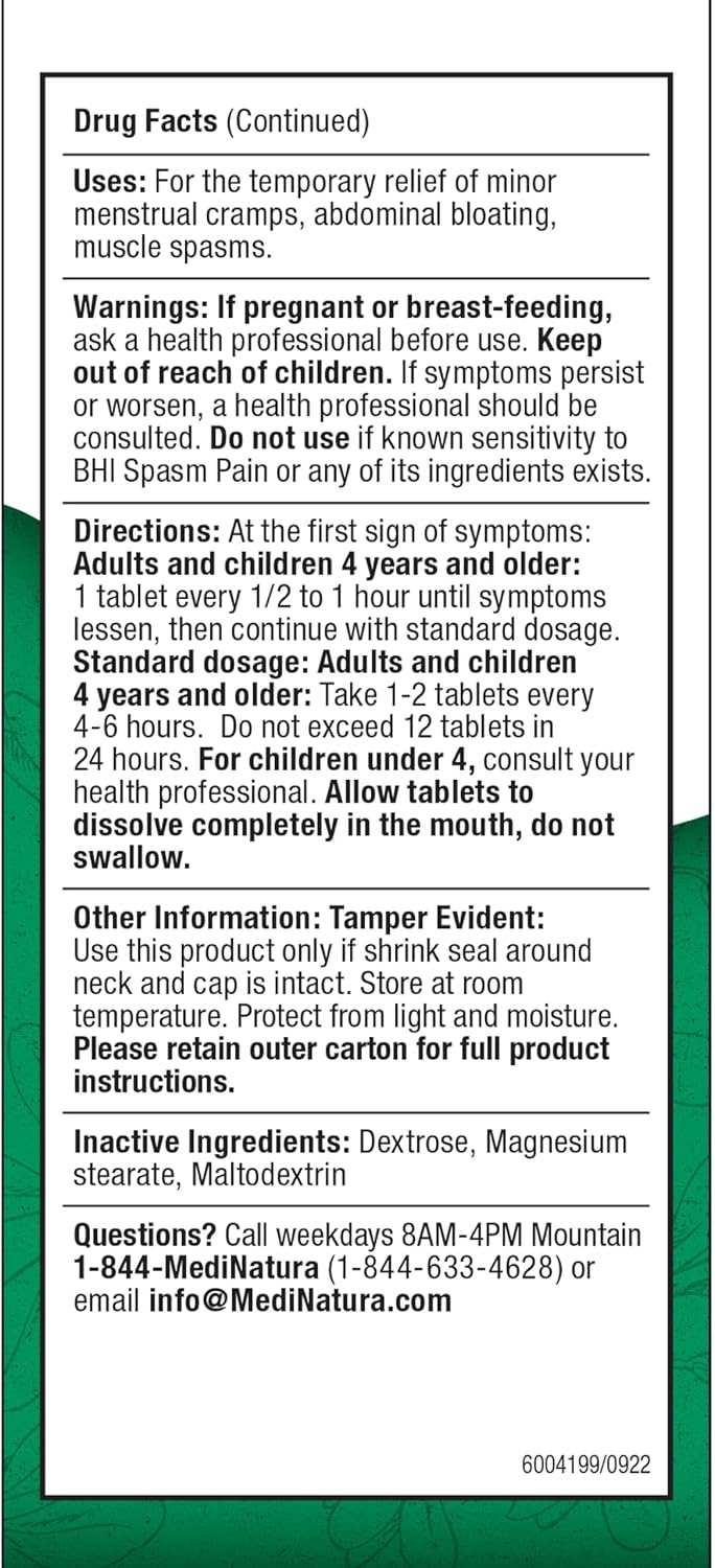 MediNatura BHI Spasm/Cramp Relief - Muscle Spasm Tablets for Full-Body Cramp Support - Menstrual Support - Non-Drowsy - Quick-Dissolve