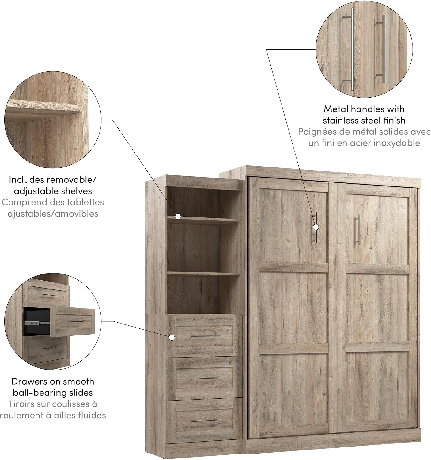 Bestar Pur Queen Murphy Bed, 65-inch Space-Saving Sleeping Arrangement for Multipurpose Area, Bedroom, Guest Room, or Living Room | Dual piston mechanism; for guest room or multipurpose space; Shaker-inspired trim with metal handles