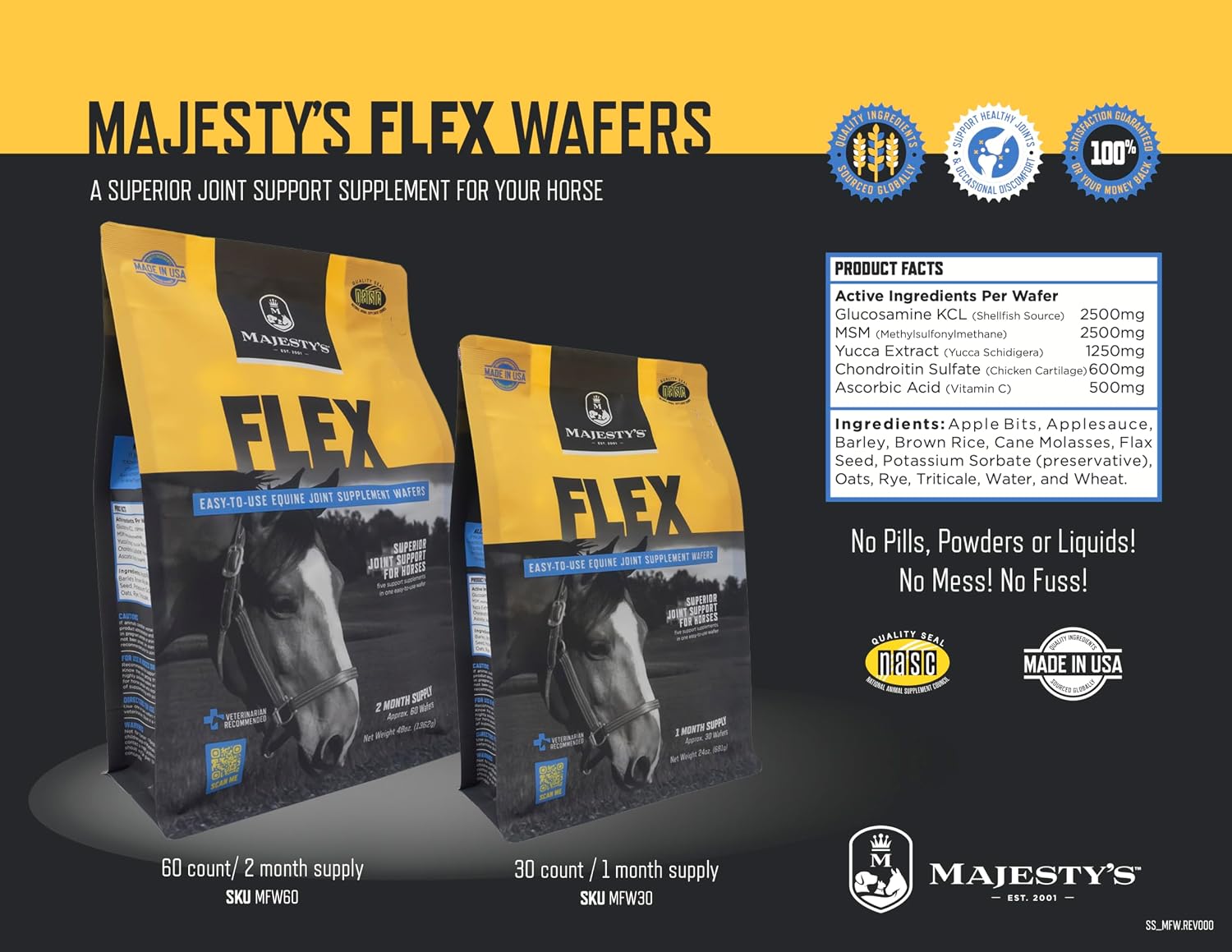 Majesty's Flex Wafers - Superior Horse/Equine Joint Support Supplement - Glucosamine, MSM, Chondroitin, Yucca, Vitamin C (Regular, 2 Pack (120 Count Total))