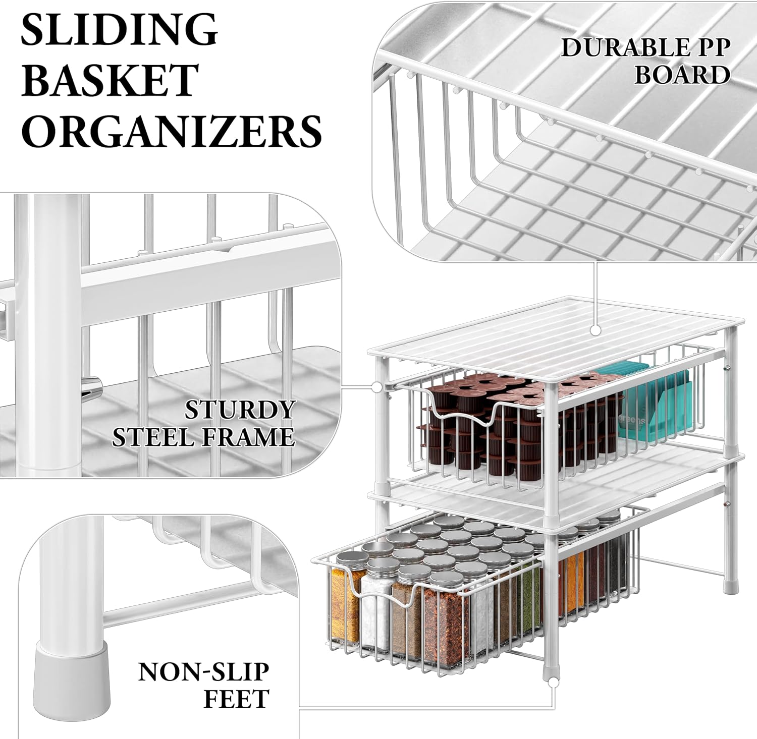 Simple Houseware Stackable 3 Tier Sliding Basket Organizer Drawer, Chrome