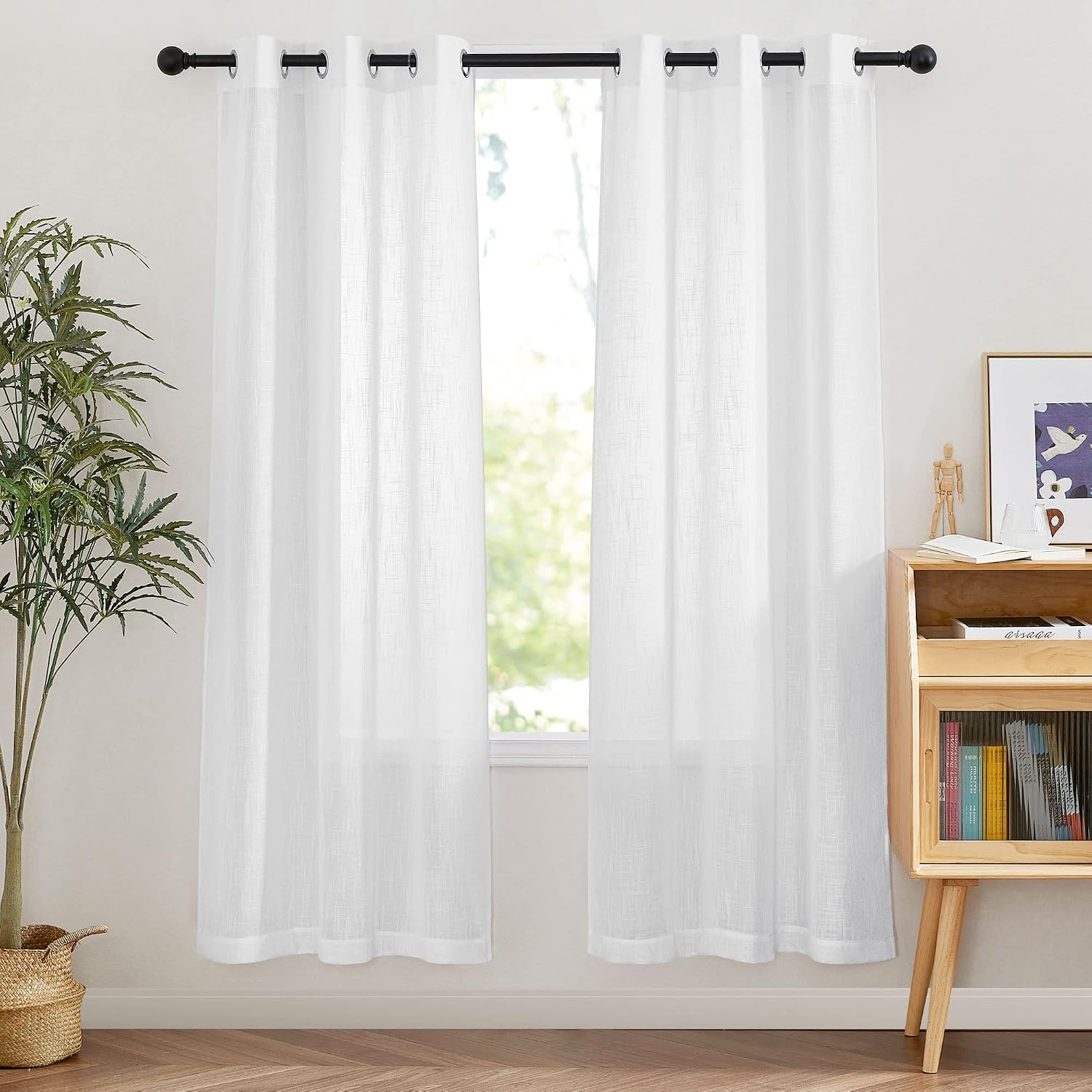 NICETOWN Linen Curtains White Semi Sheer 72 inch Long for Windows, Privacy with Light Filtering Grommet Top Window Treatments for Bedroom/Living Room