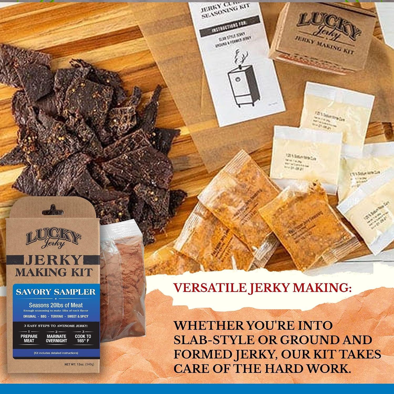 Lucky Jerky Ultimate Savory DIY Beef Jerky Seasoning and Cure Kit, 12 Oz | Make Your Own with Original, BBQ, Teriyaki, and Sweet & Spicy, Seasons 5 lbs per Flavor, 20 lbs Total