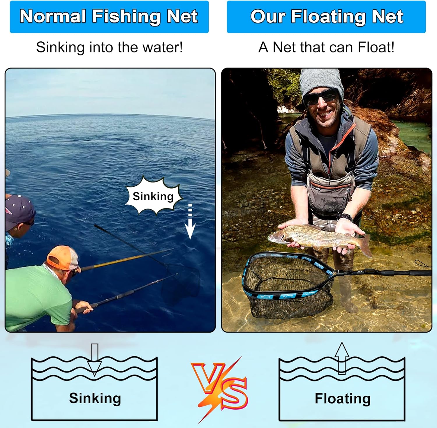 PLUSINNO Floating Fishing Net for Steelhead, Salmon, Fly, Kayak, Catfish, Bass, Trout Fishing