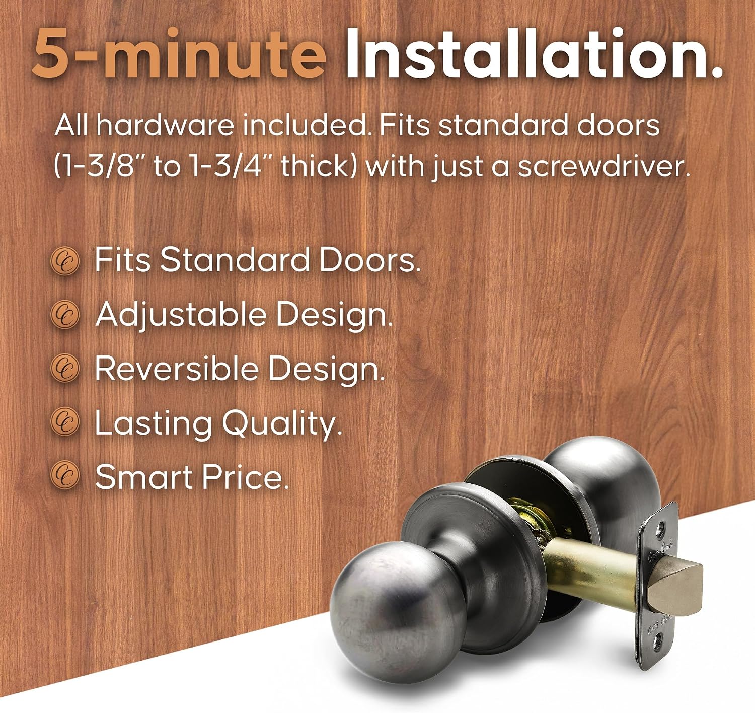 Copper Creek Privacy Interior Door Knob – ANSI Grade-3 Certified, Modern Heavy Duty Handle, Easy Install and Reversible for Bedroom, Bathroom & Closets – Satin Stainless (1 Pack)