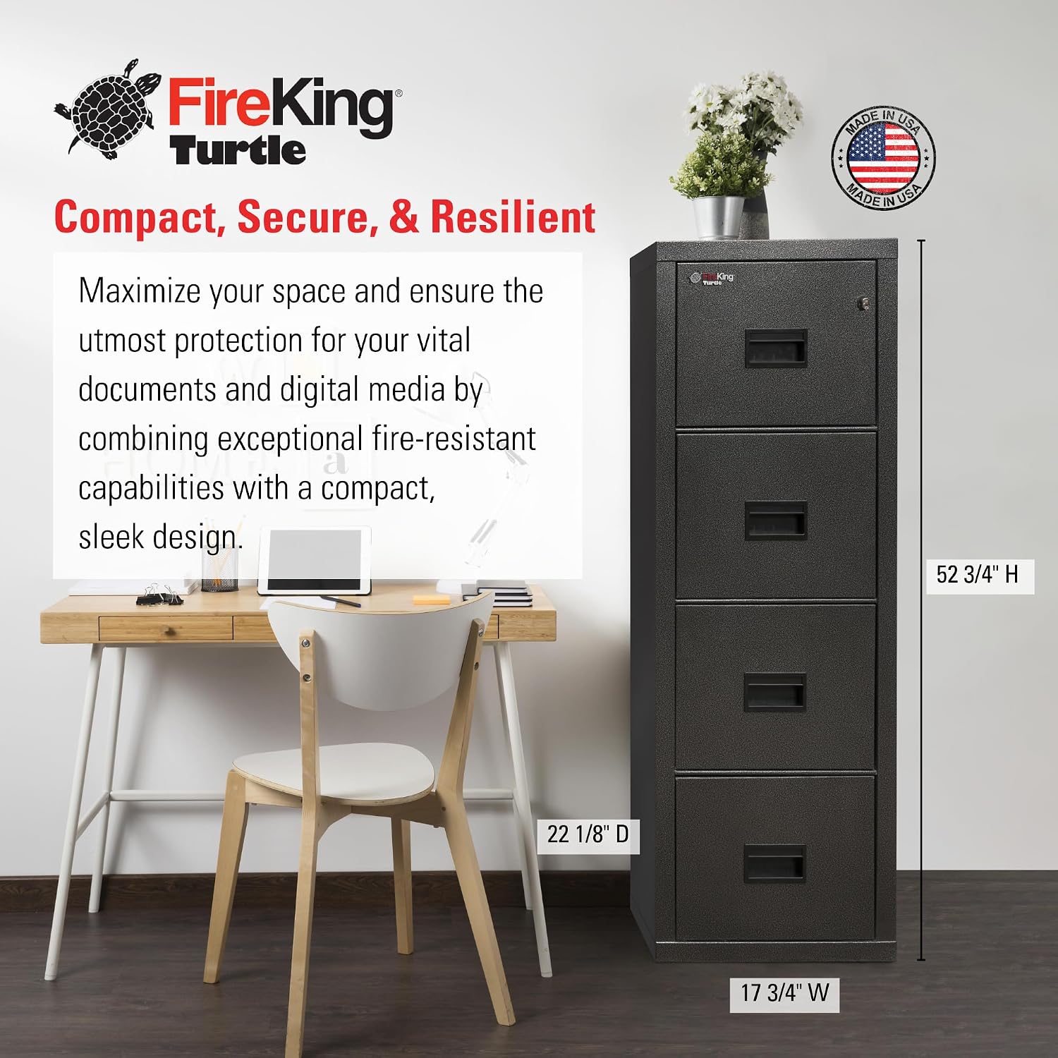 FireKing Turtle Vertical 2 Drawer Fire Rated File Cabinet, Black | 1 Hour Fire Rated Filing Cabinet - UL Class 350 - Water Resistant - Key Lock - Made in USA
