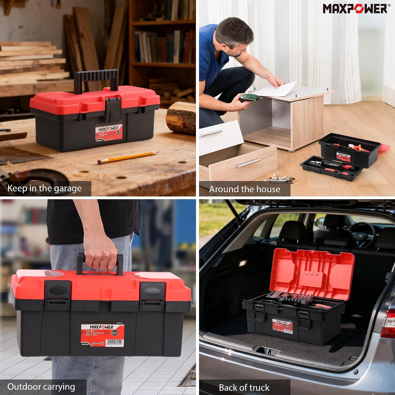 MAXPOWER Small Tool Box, 14-inch Plastic Tool Boxes with Handle | Removable Tray with Dual Lock Secured, Red Toolbox for Home