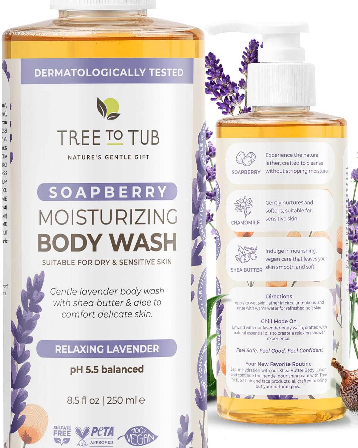 Tree To Tub Soapberry Body Wash for Dry, Sensitive Skin, pH 5.5, 8.5 Fl Oz | Sulfate & Paraben-Free, Rich Lather, Fragrance-Free, Shea Butter & Aloe Vera, Vegan & Cruelty-Free, Gentle for Daily Use