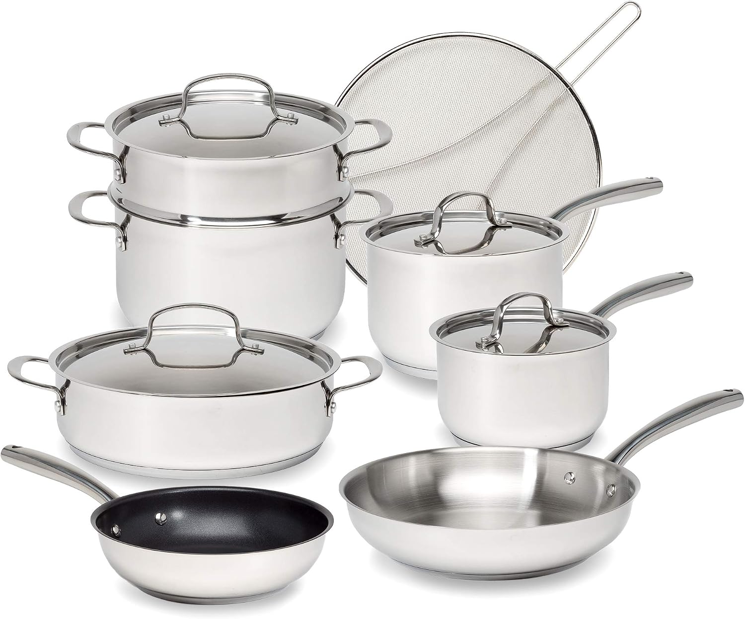Goodful 12-Piece Classic Stainless Steel Cookware Set with Tri-Ply Base for Even Heating, Durable, Impact Bonded Pots and Pans