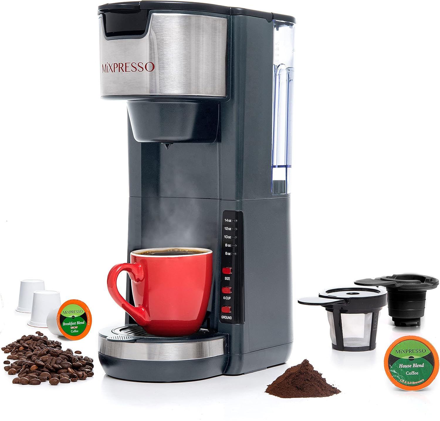 Mixpresso Black Single Serve Coffee Brewer K-Cup Pods Compatible & Ground, 30 oz Compact Coffee Maker Single Serve With 5 Brew Sizes Up To 14 Oz