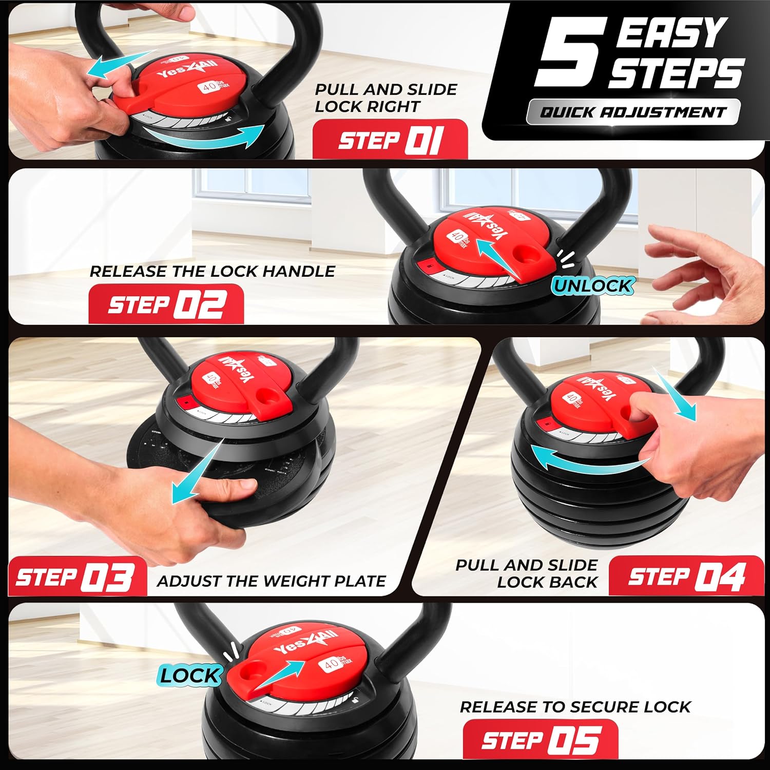 Yes4All Adjustable Kettlebell Set, 20–40 LB Weight Set, Solid Cast Iron Handle with Spacer Disks & Secure Lock
