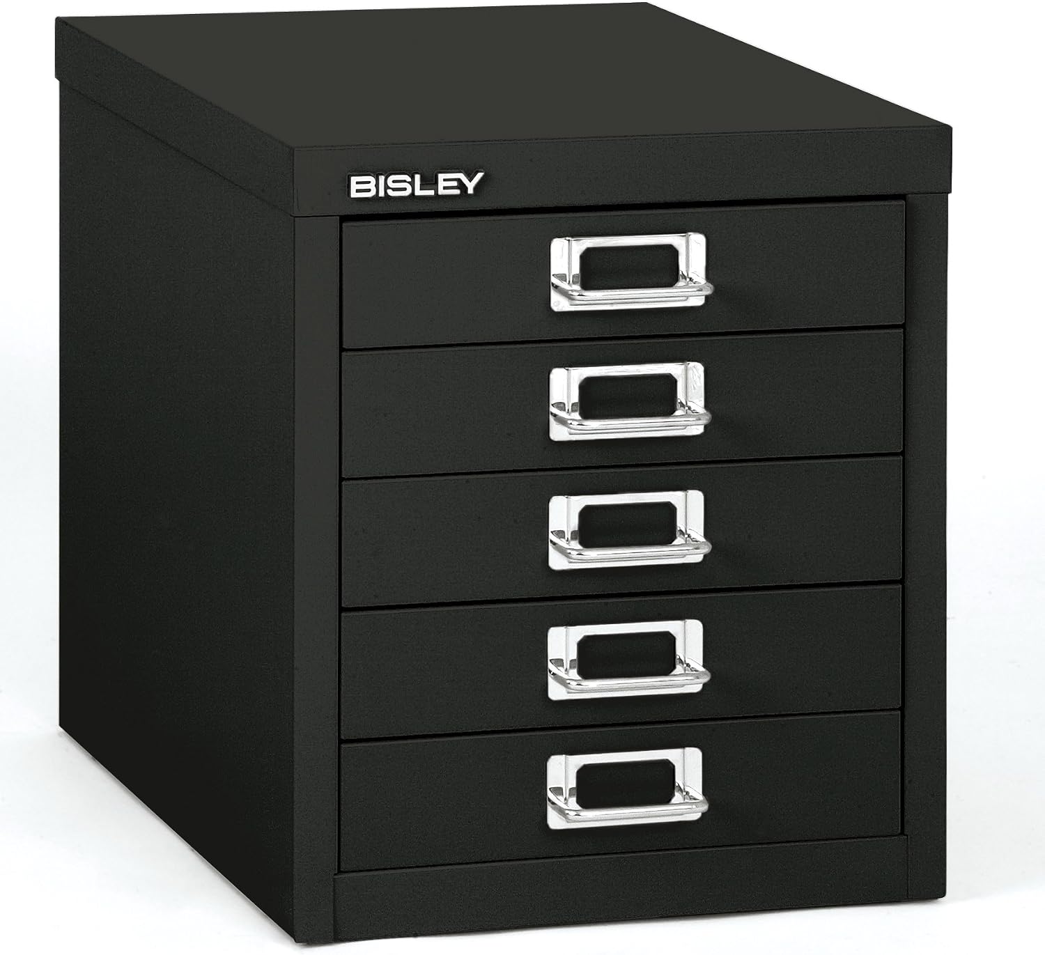 5-Drawer Steel MultiDrawer Cabinet - Orange, by Bisley | Chrome Pull Handles with Label Holders, Powder-Coated Steel, Removable Drawers, Desktop Storage, Labels Included