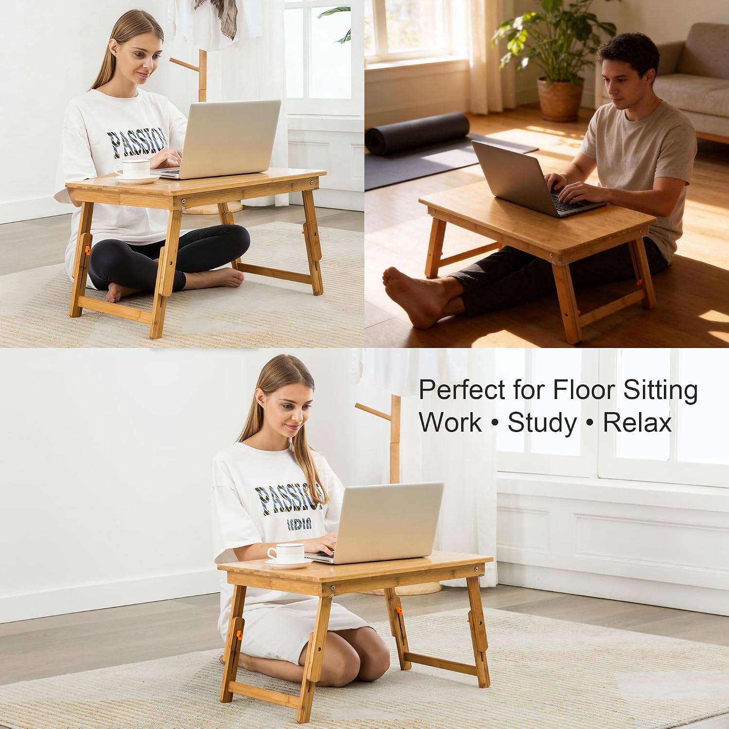 Nnewvante Large Floor Desk Foldable Tray for Adults, Bamboo 33.5 x 17.7in