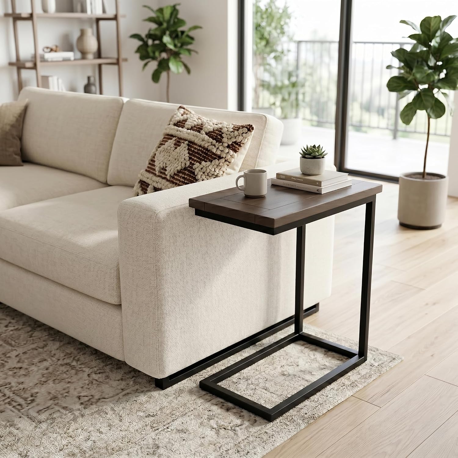 SIMPLIHOME Skyler 18" Wide Solid Wood C-Side End Table in Dark Cognac Brown | Industrial slide-under accent table with open frame, assembled; perfect for living rooms as a side table or sofa table.
