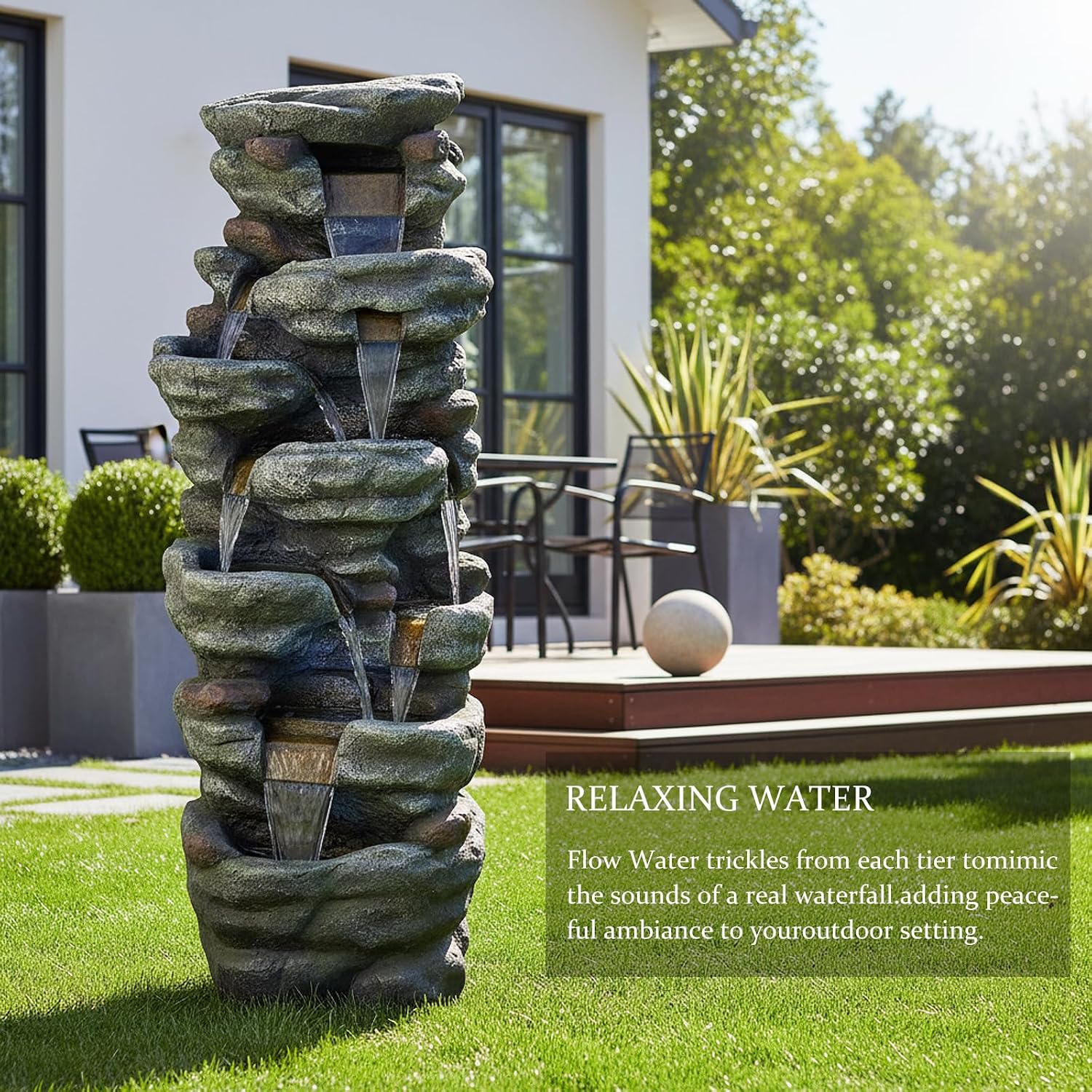 SunJet 40.5” High Rocks Outdoor Water Fountain - 6-Tiers Cascading Waterfall with LED Lights, Soothing Tranquility for Home Garden, Yard Decor